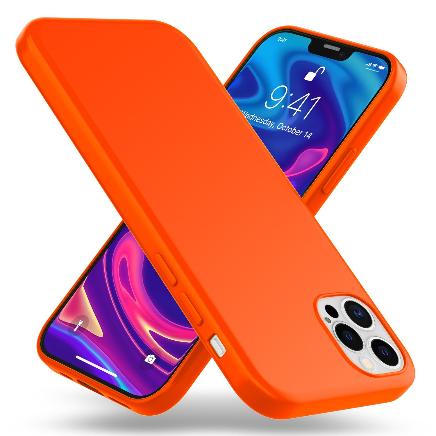 Zwei orangefarbene Handyhüllen mit einem Telefon darin. Eines ist geneigt, das andere vertikal.