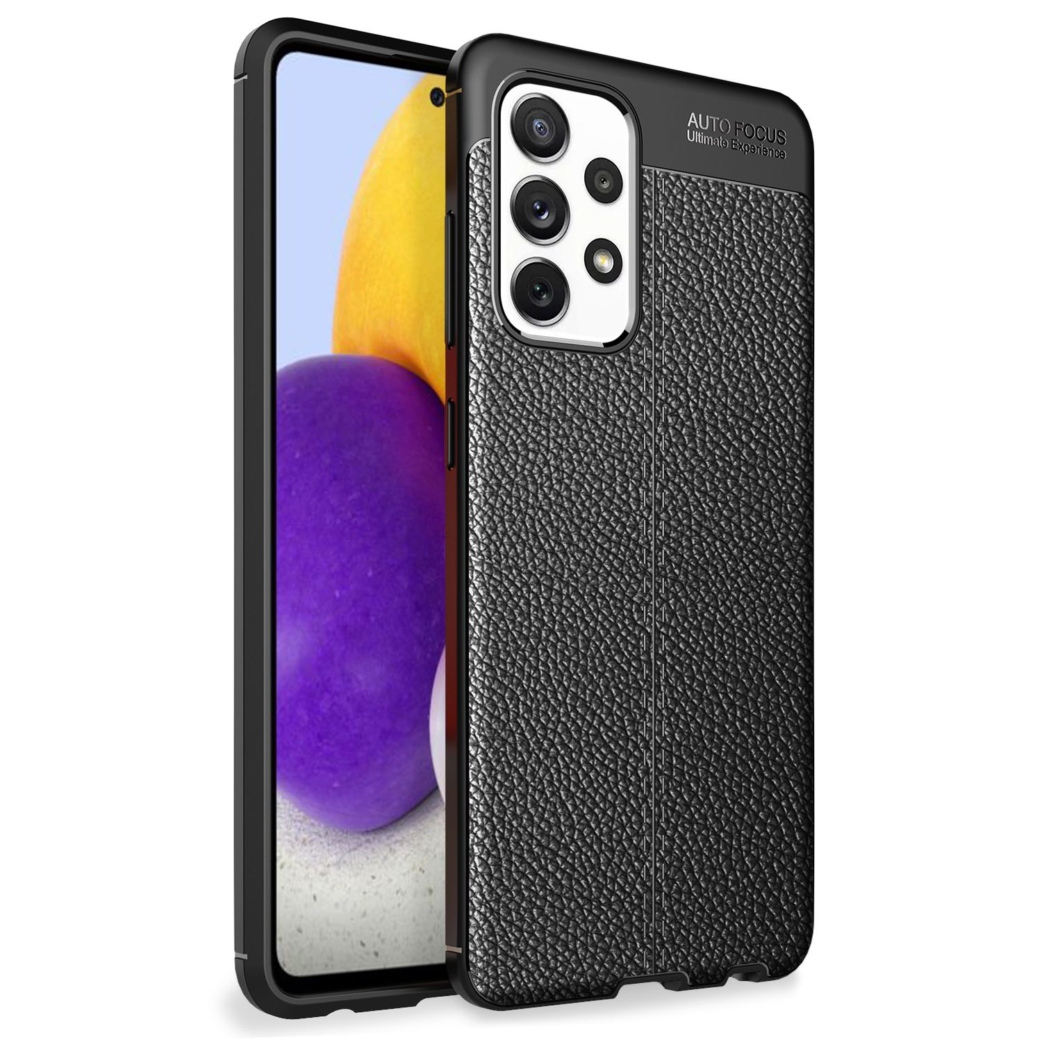 Schwarze Handyhülle mit Ledertextur mit Samsung-Handy. Mit Autofokus-Text und Kameraausschnitt.