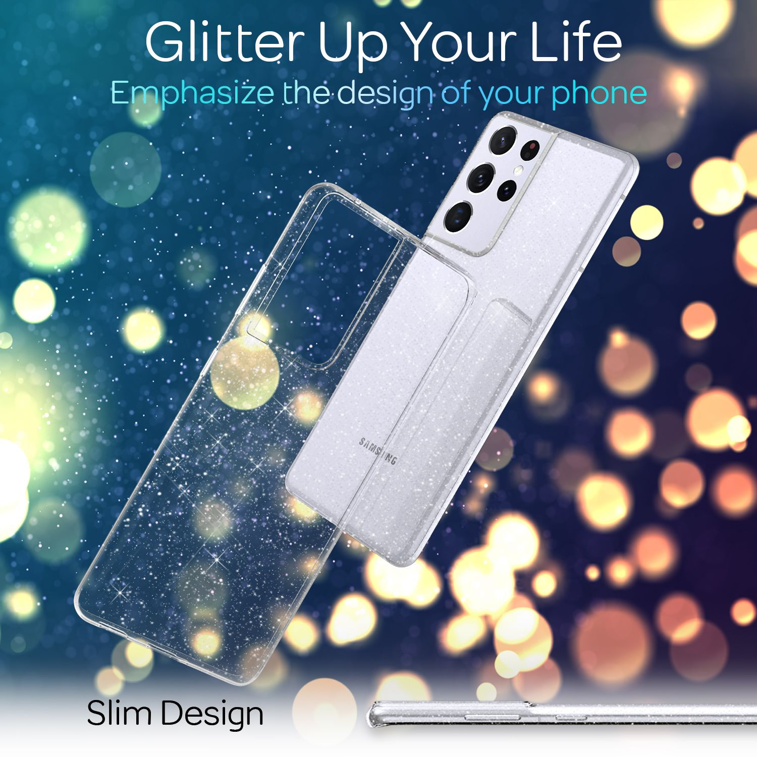 Klare Handyhülle über einem glitzernden Telefon. Die Hülle befindet sich auf einem glitzernden Hintergrund. Worte "Glitter Up Your Life".