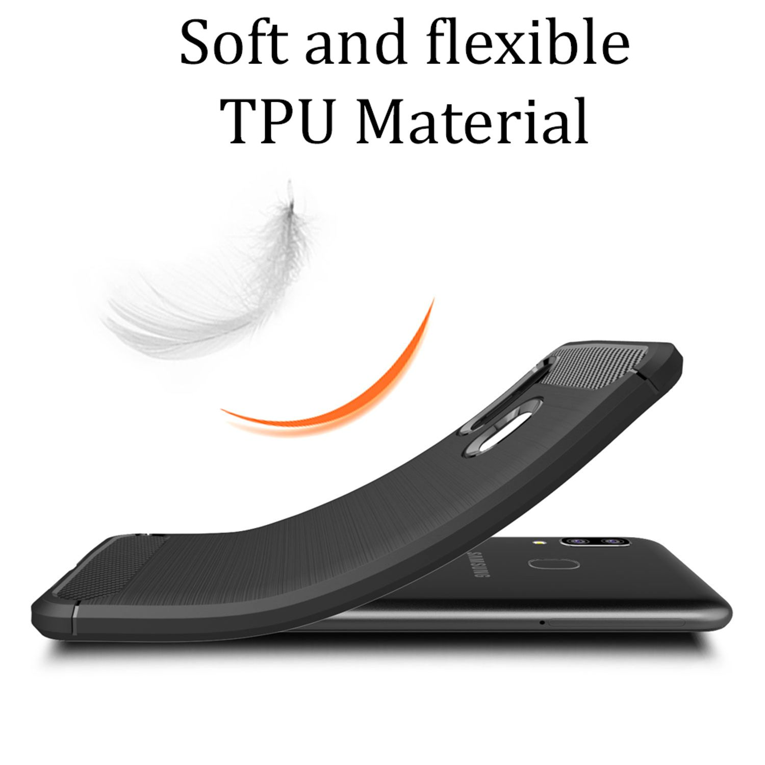 Schwarze Handyhülle, die ein weiches und flexibles Material zeigt, mit einer Feder im Hintergrund.