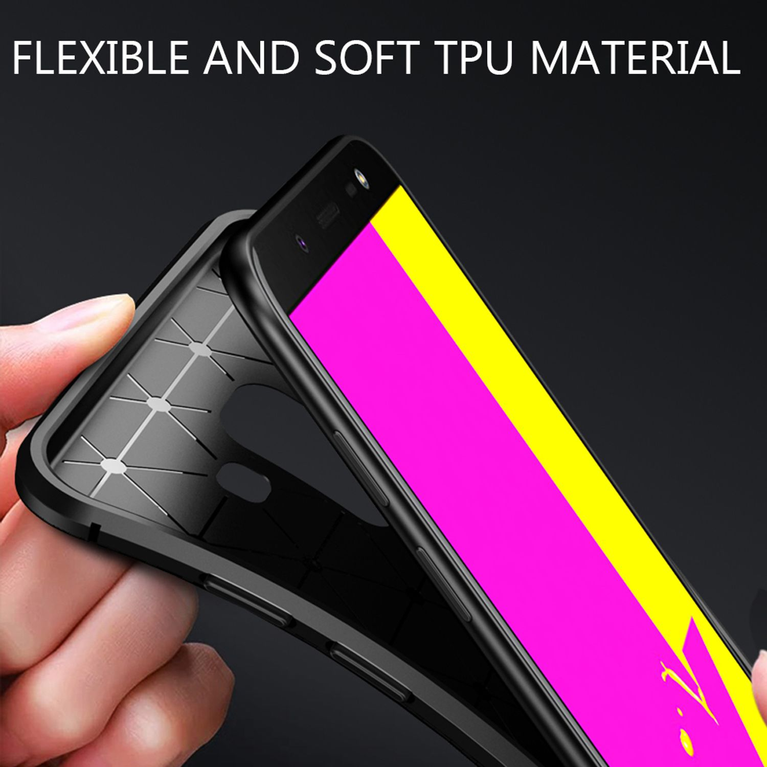 Schwarze Handyhülle, geöffnet, um das Telefon mit gelbem und rosa Bildschirm zu zeigen.