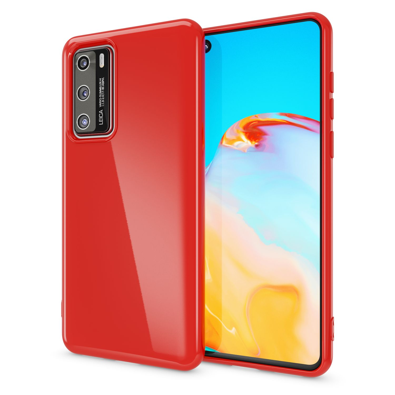 Rote Handyhülle mit einem Telefon. Die Handyhülle ist links, das Telefon rechts.