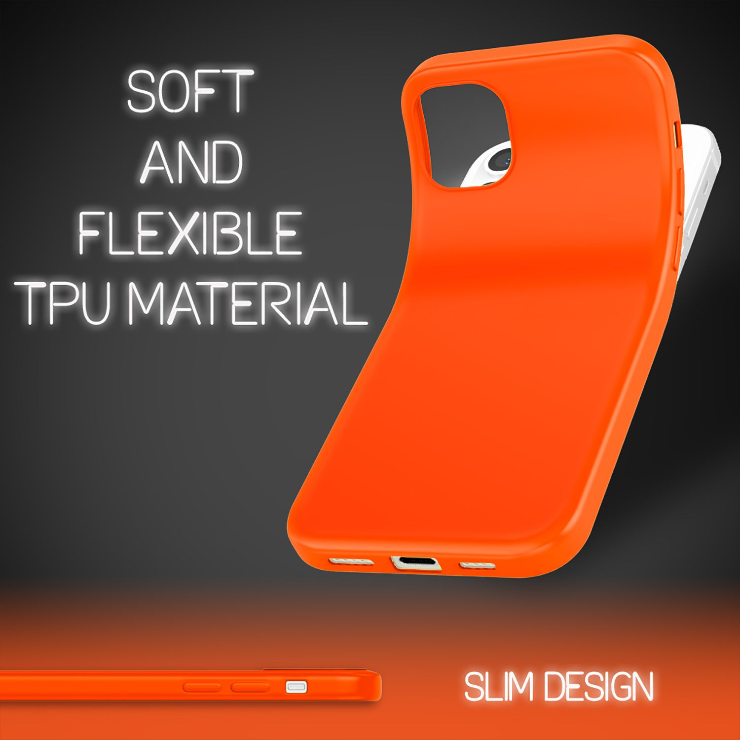 Orangene Handyhülle mit Text: "Weiches und flexibles TPU-Material." Schlankes Design, schwarzer Hintergrund.