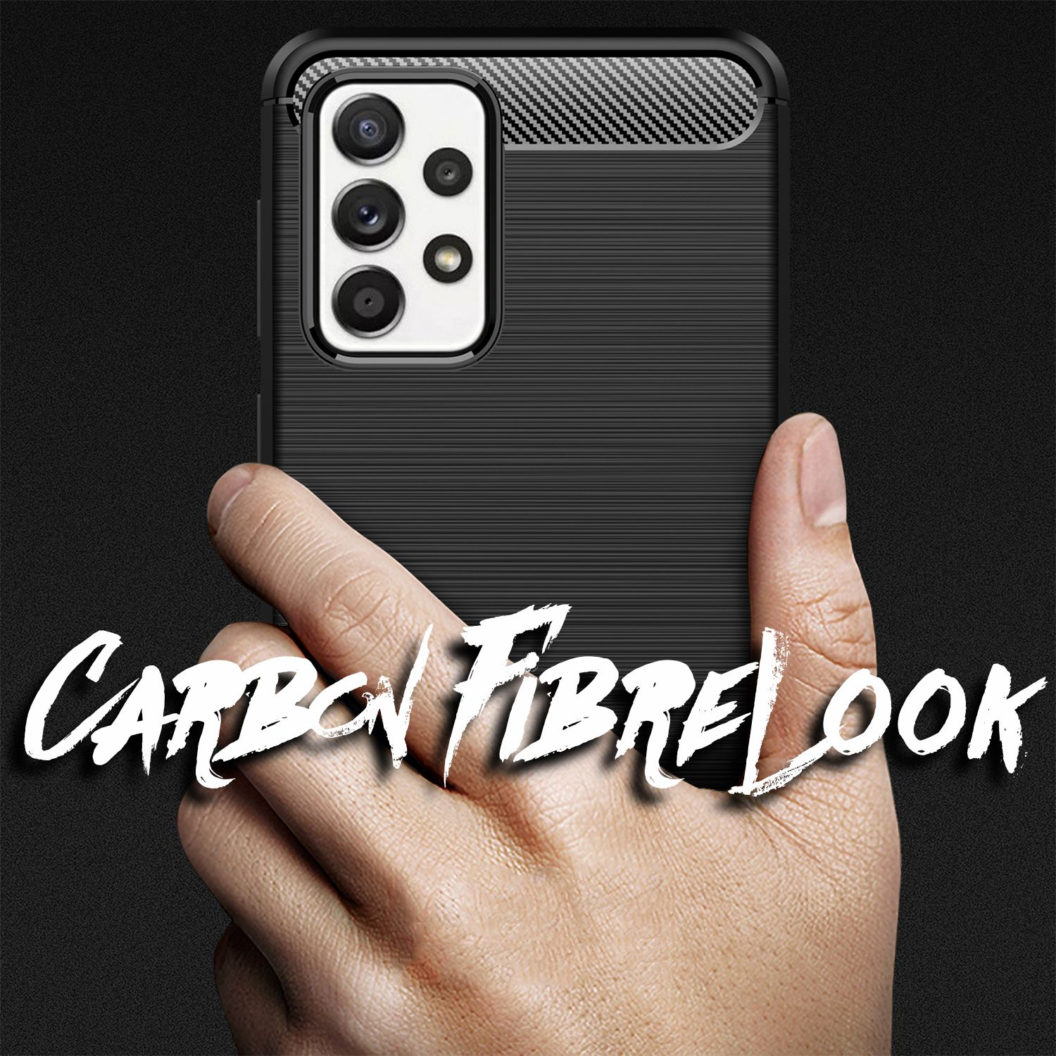 Schwarze Handyhülle mit Carbonfaser-Optik, gehalten von einer Hand.