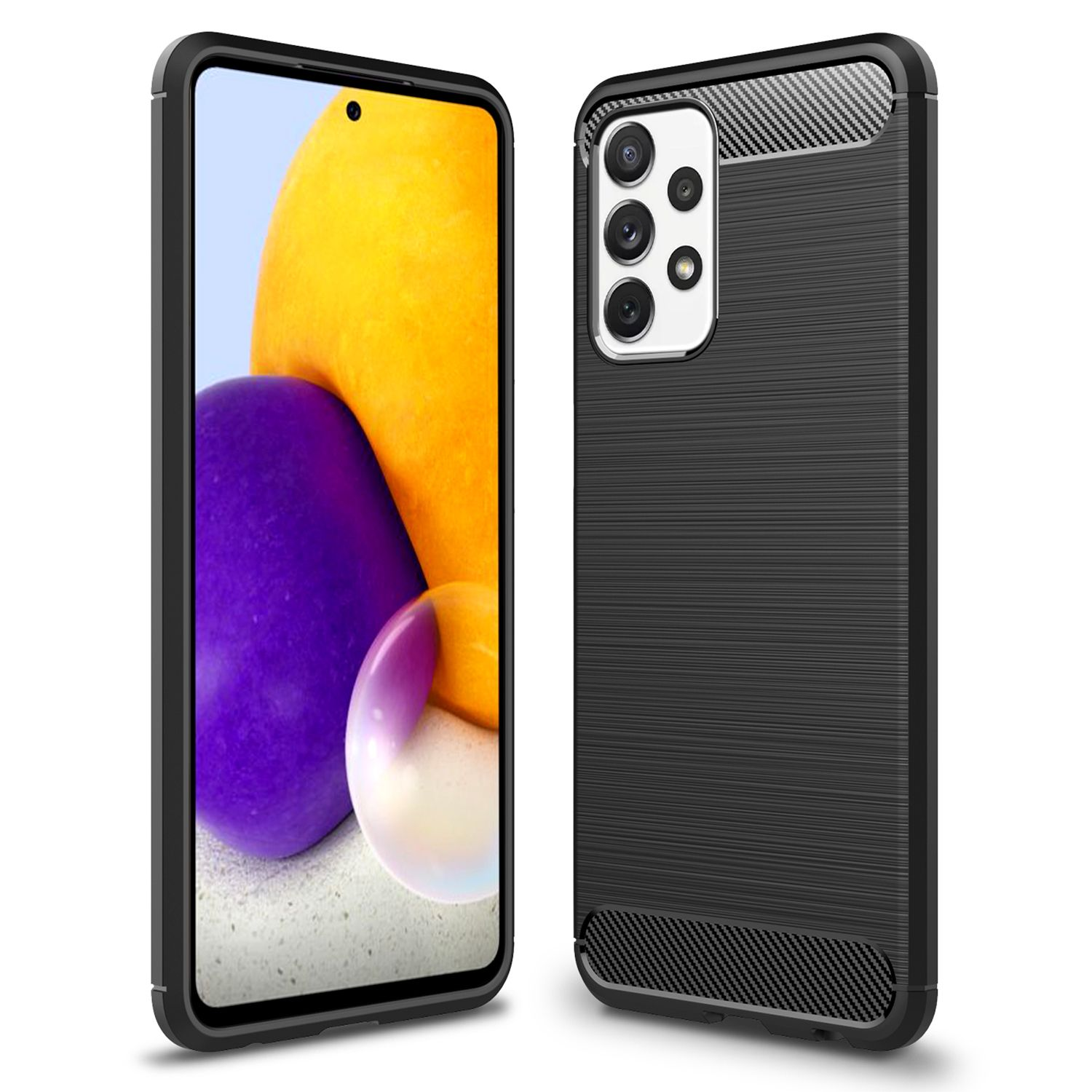 Schwarze Handyhülle mit Karbonfaserstruktur, Telefon mit farbenfroher Anzeige innen.