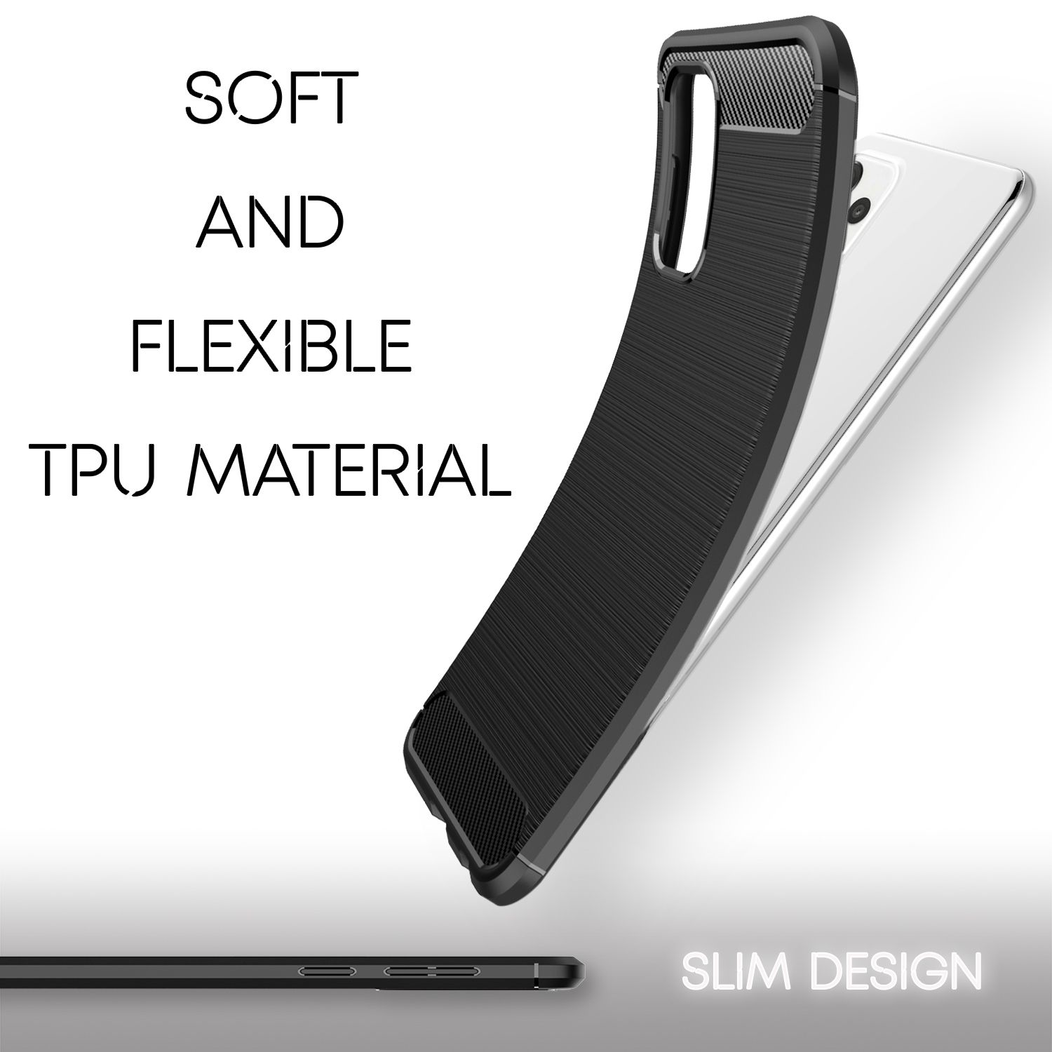 Schwarze Handyhülle, mit Text 'Weiches und flexibles TPU-Material' und schlankem Design.