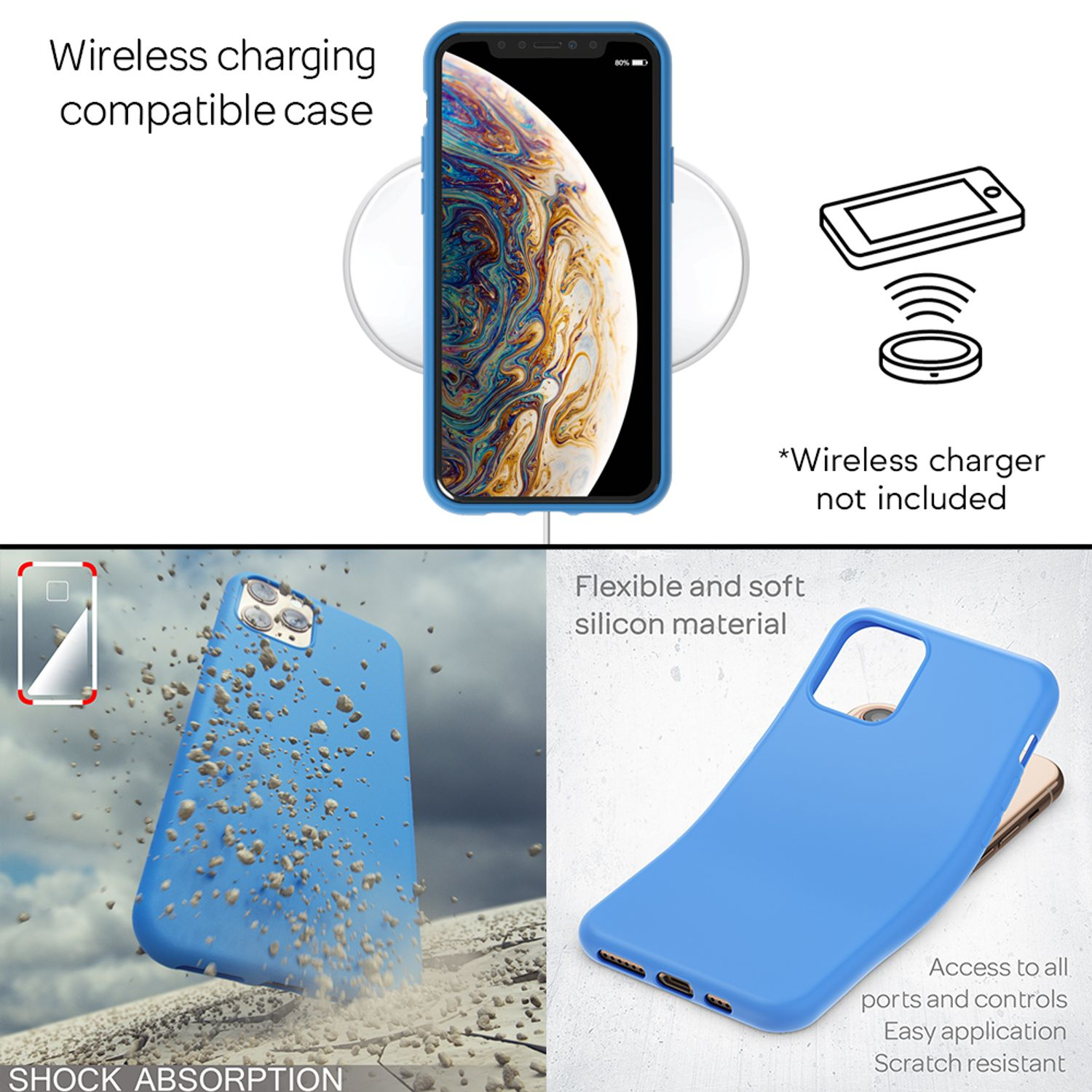 Blaue Handyhülle, kompatibel mit kabellosem Laden. Auf einem Telefon und in der Luft gezeigt. Text: Stoßdämpfung, flexibles Silikonmaterial.