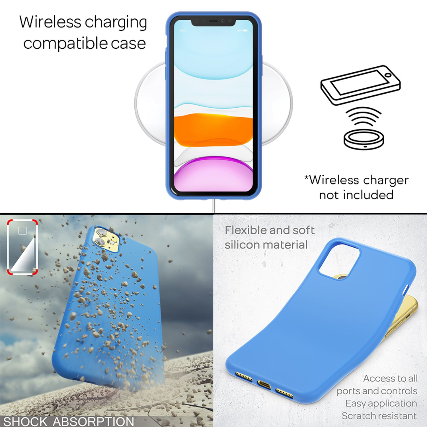 Blaue Handyhülle mit Telefon und kabellosem Ladegerät. Stoßdämpfung und Silikonmaterial werden gezeigt.