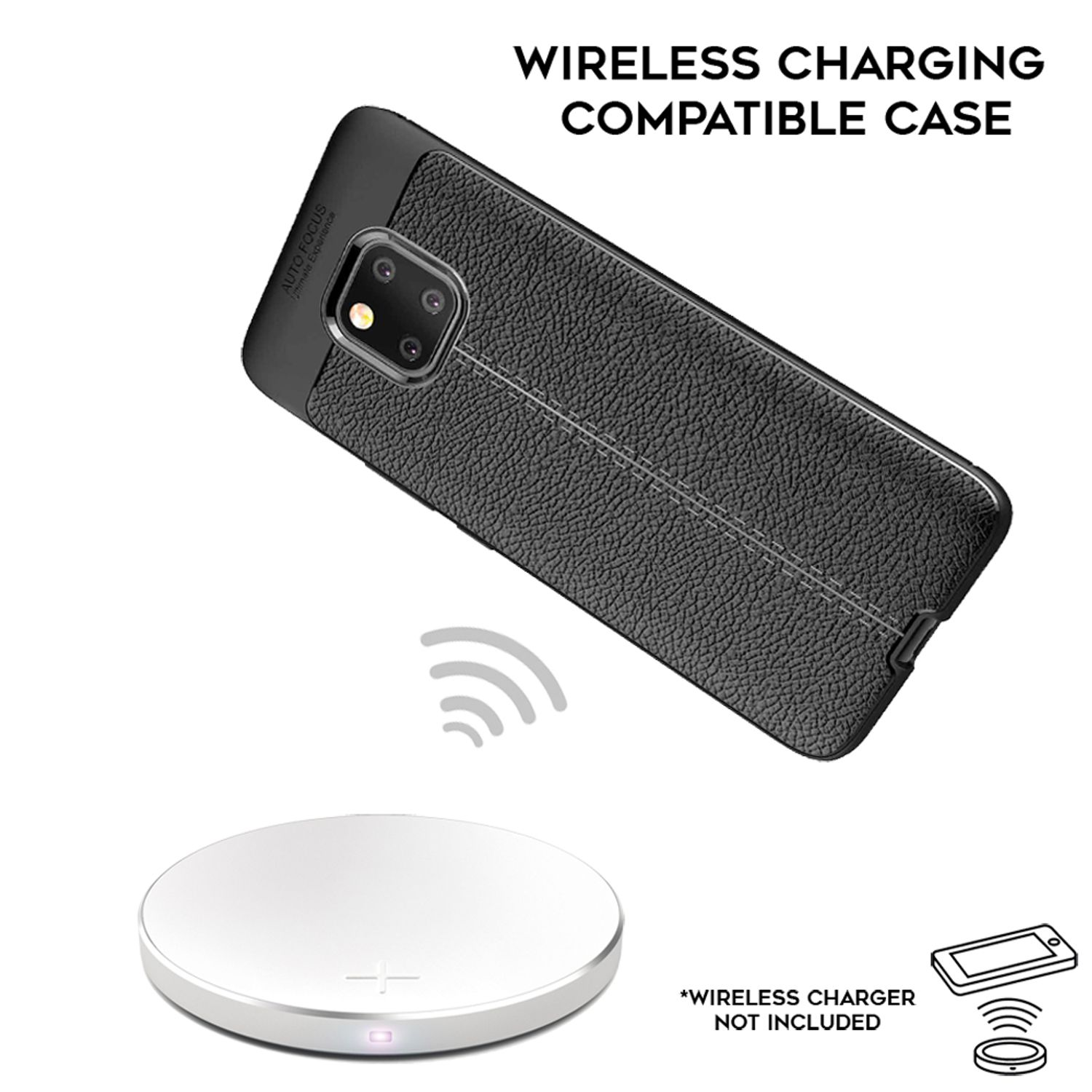 Coque de téléphone noire sur fond blanc. Chargeur sans fil et téléphone avec symbole de chargement visibles.