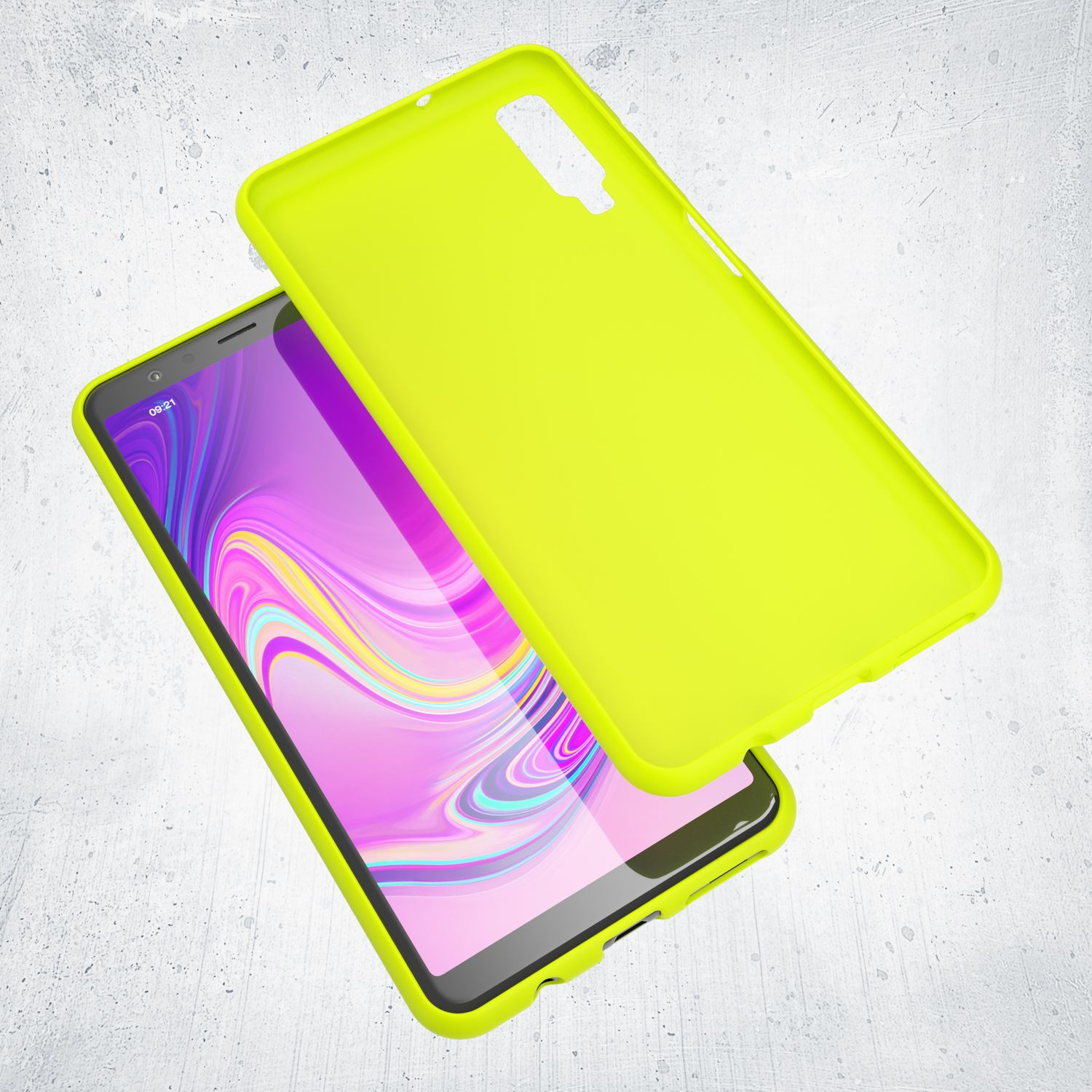 Eine gelbe Handyhülle mit einem Telefon darin. Die Hülle ist leicht vom Telefon entfernt.
