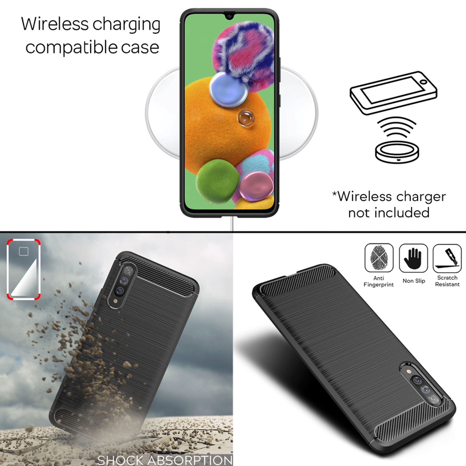 Handyhülle mit kabellosem Laden, zeigt Telefon auf Ladegerät und Stoßdämpfung.