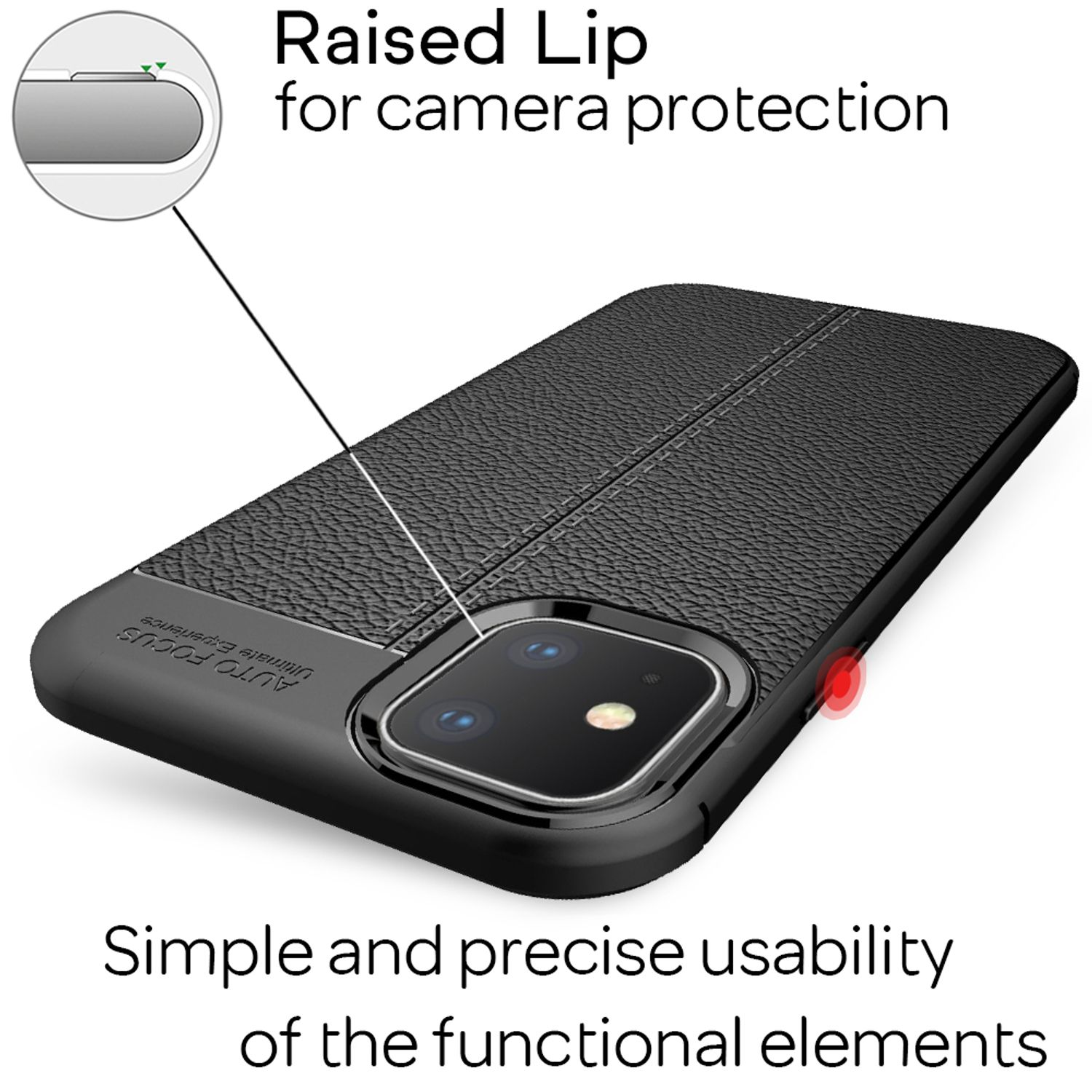 Eine schwarze Handyhülle auf einem Telefon, die einen erhöhten Rand zeigt, mit dem Text 'Einfache und präzise Benutzerfreundlichkeit'.