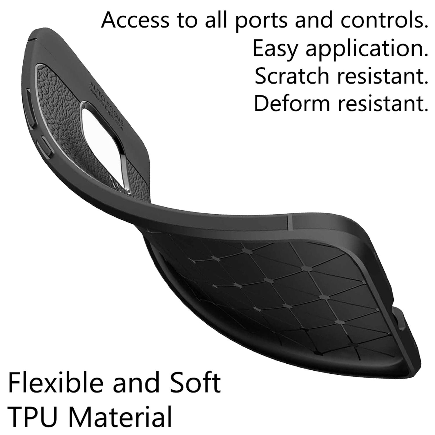 Coque de téléphone en TPU souple et flexible avec accès aux ports et commandes. Résistant aux rayures et déformations.