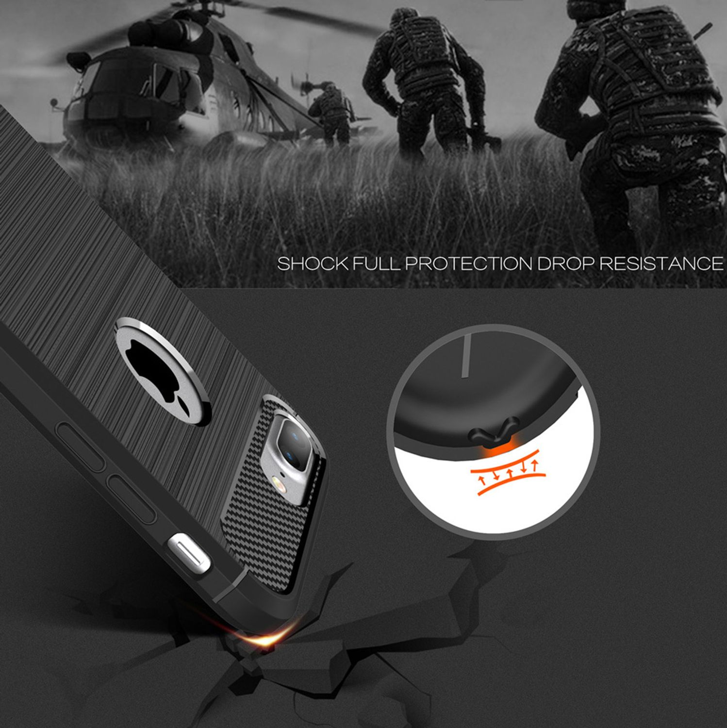 Funda de teléfono con resistencia a caídas. Soldados y un helicóptero al fondo. La funda es negra.
