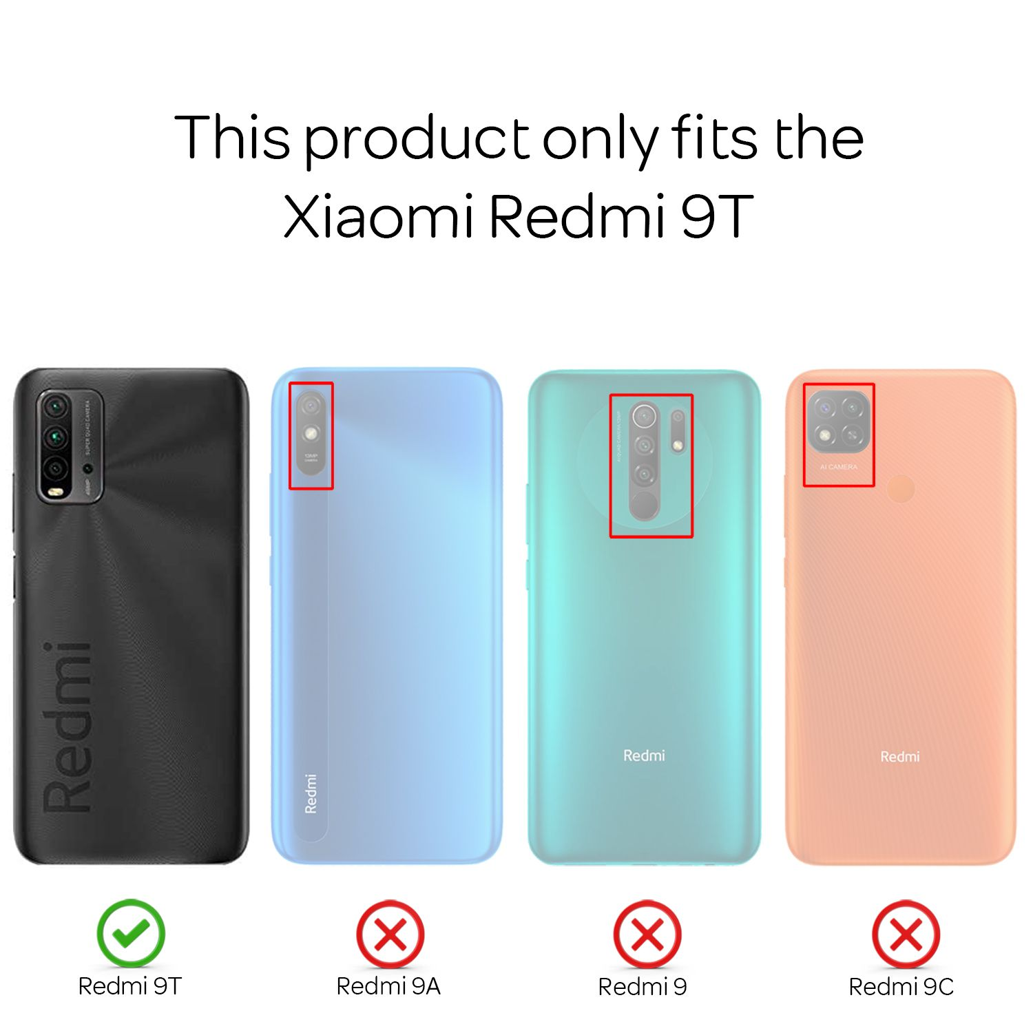 Vier Telefonrückseiten. Nur das Redmi 9T ist korrekt. Andere Telefone sind durchgestrichen.