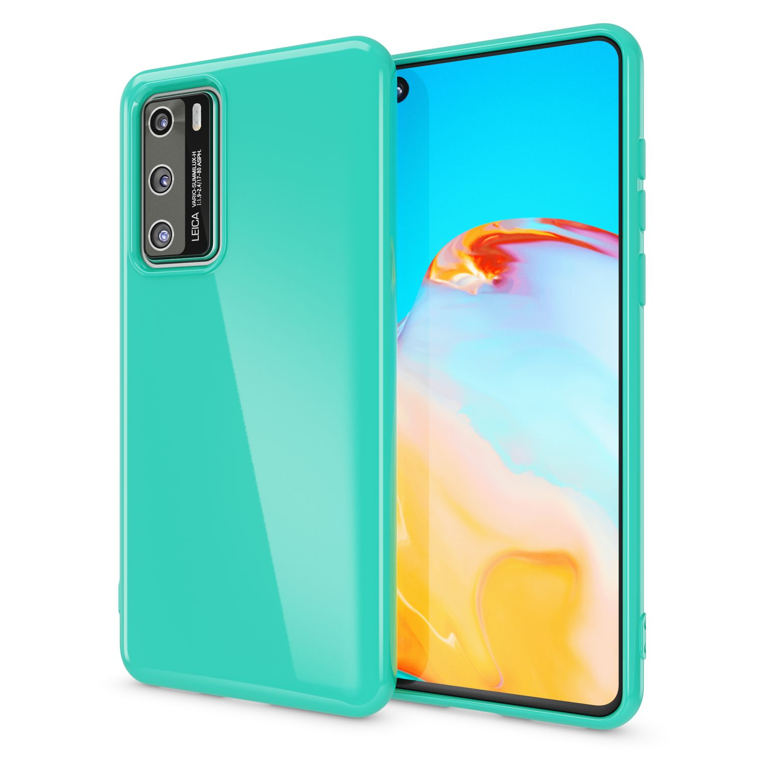Coque de téléphone verte avec un téléphone, sur fond blanc. Le téléphone a un appareil photo.