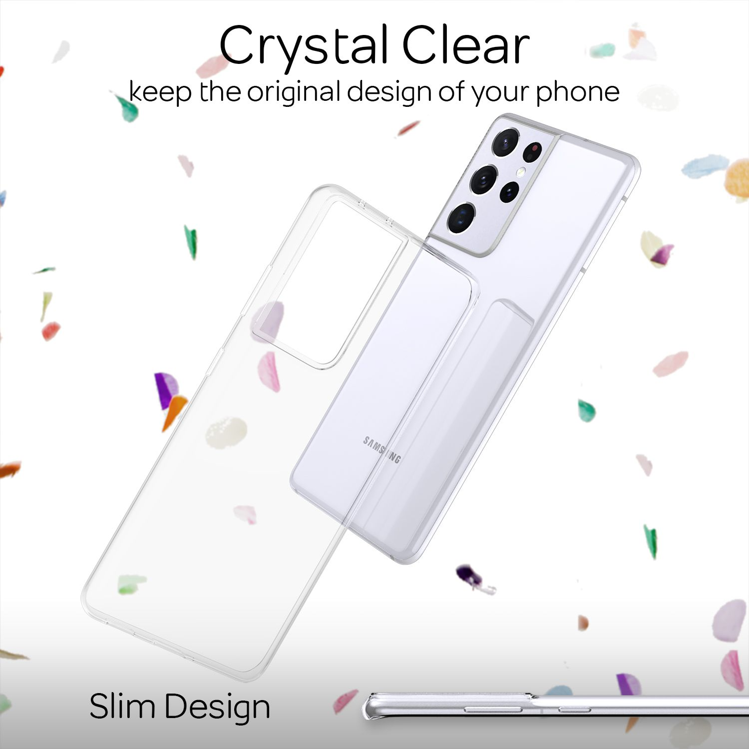 Eine transparente Handyhülle mit einem Telefon darin. Konfetti-ähnliche Formen im Hintergrund.