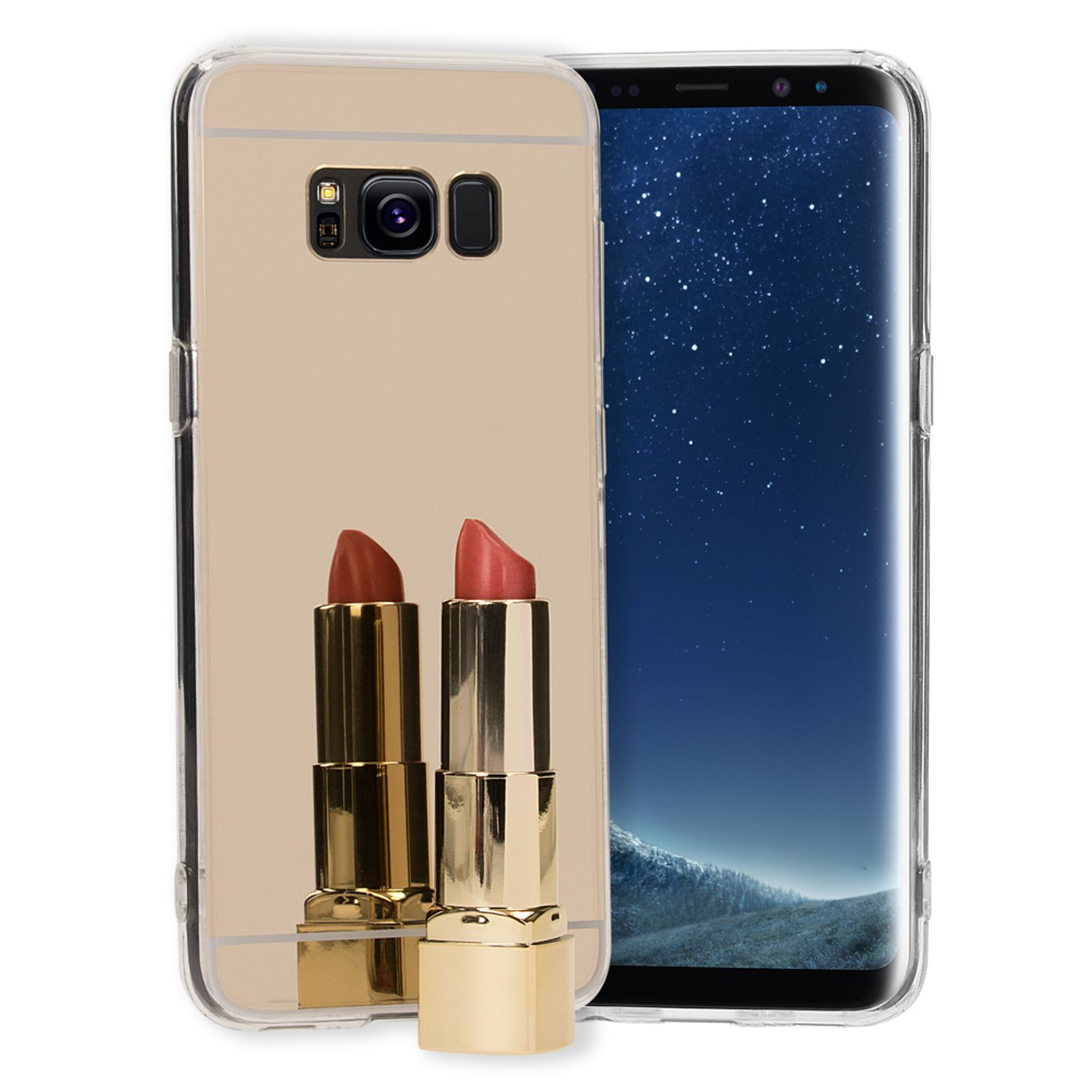 Handyhülle mit Lippenstift-Design. Die Hülle hat zwei Lippenstifte auf der Rückseite und ein Telefon darin.