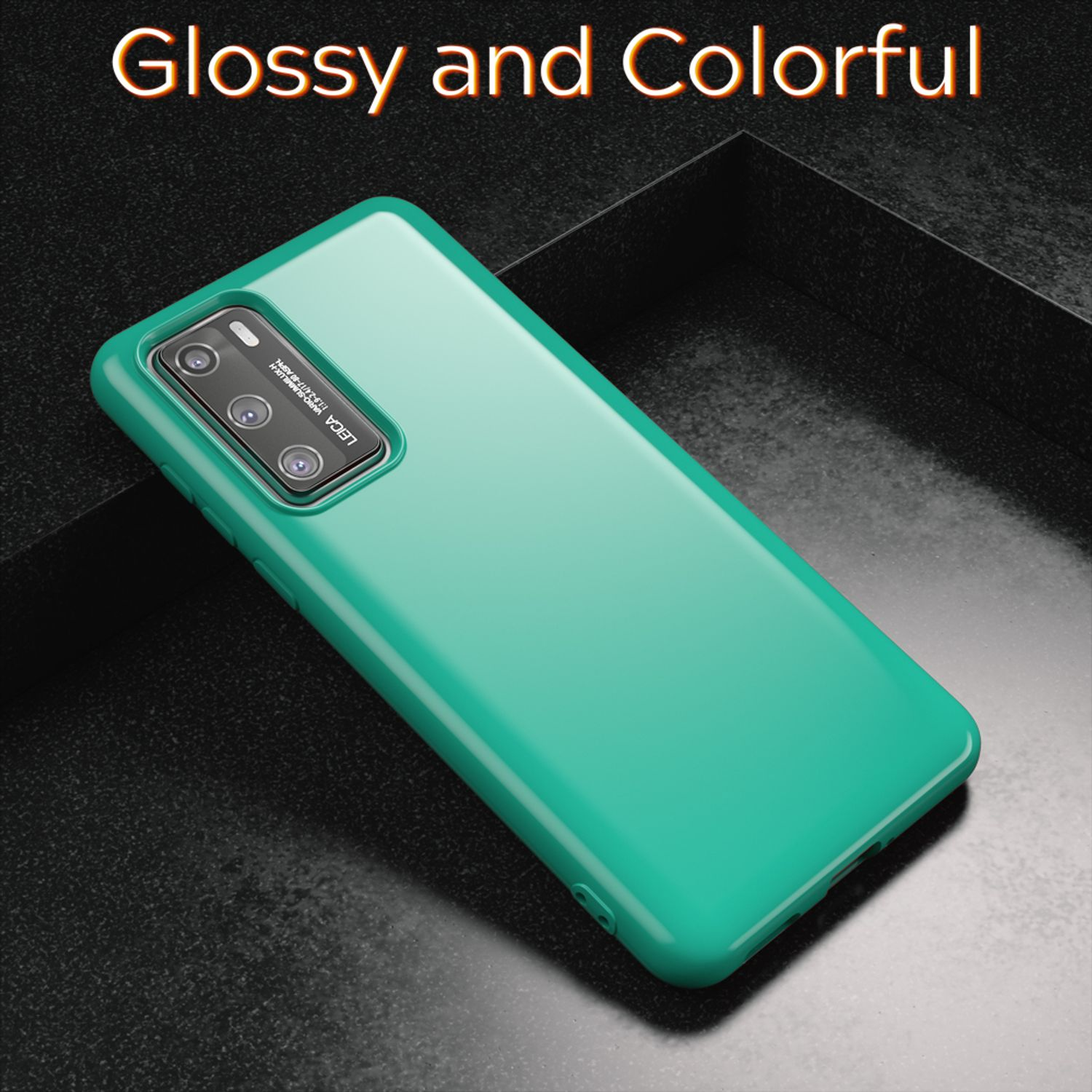 Coque de téléphone verte sur une surface noire. Elle a un aspect brillant. Le texte dit 'Glossy and Colorful'.