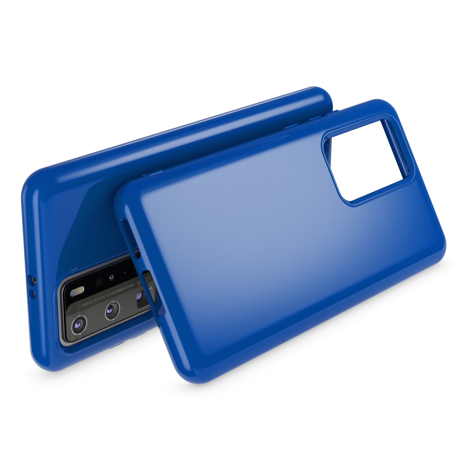 Blaue Handyhülle auf Weiß. Das Telefon ist angewinkelt, um die Rückseite und die Vorderseite der Handyhülle zu zeigen.
