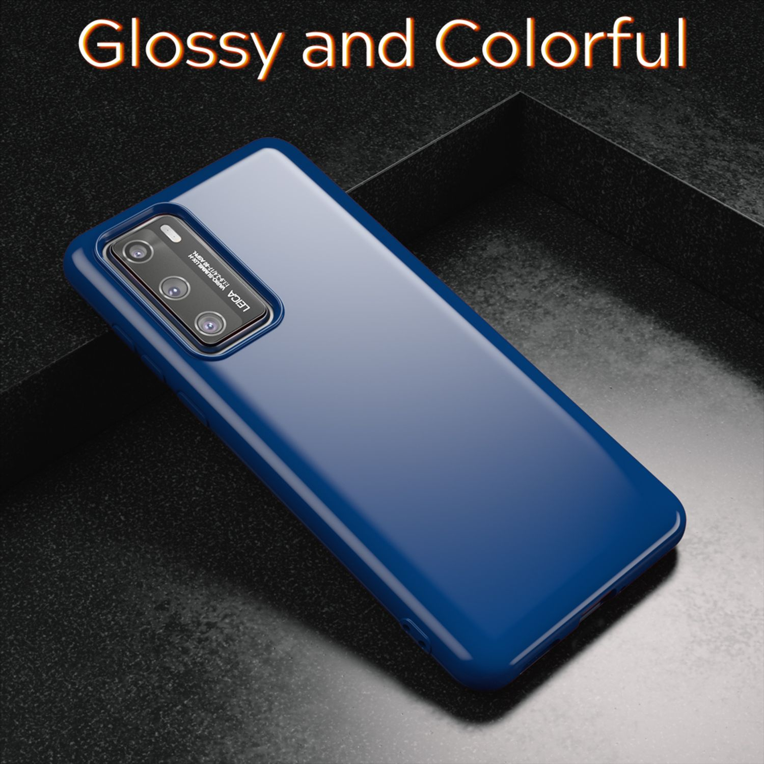 Eine blaue Handyhülle mit Kamera. Der Hintergrund ist eine dunkle, glänzende Oberfläche.