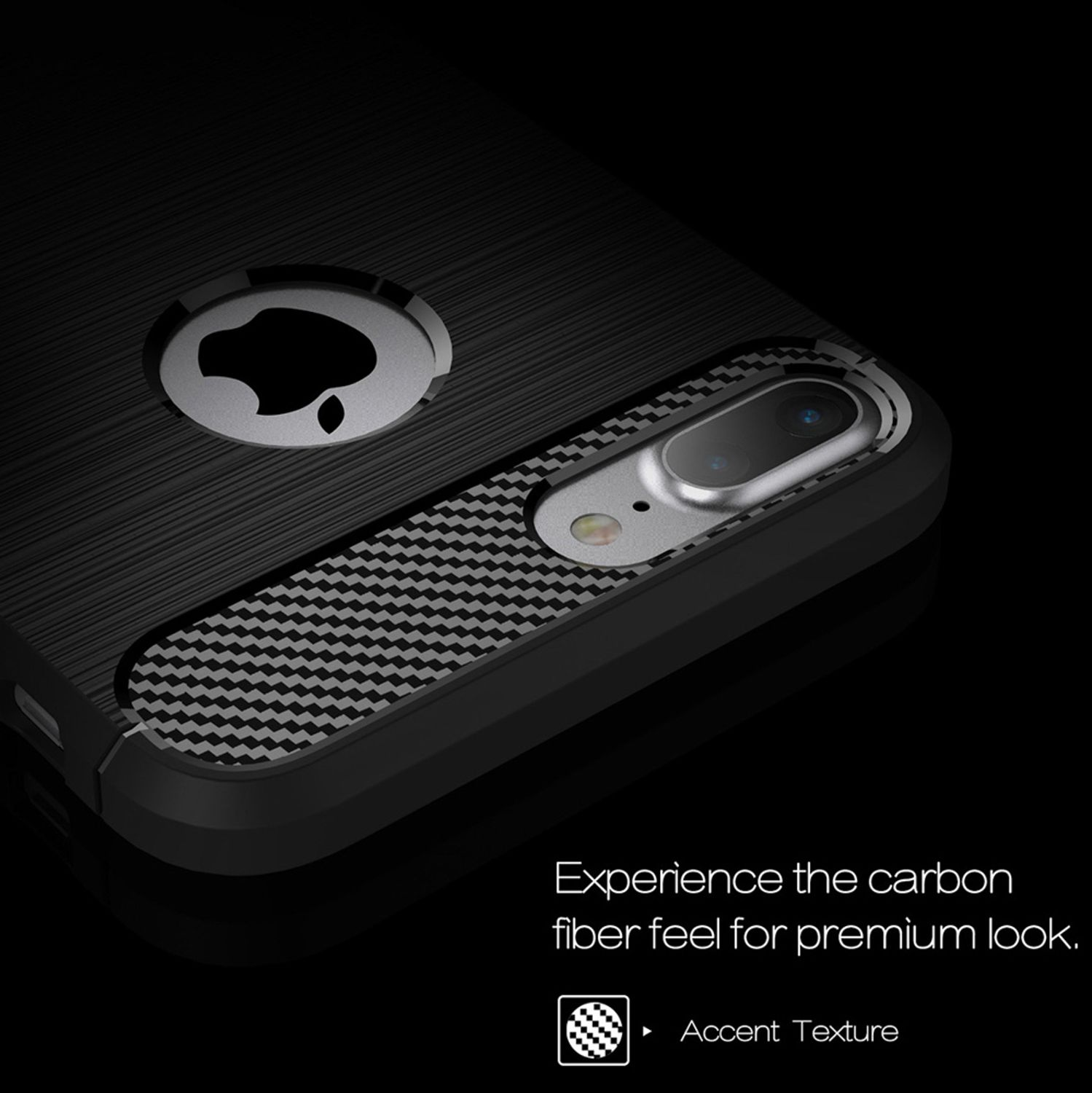 Una funda de teléfono negra en un teléfono. La funda muestra una sensación de fibra de carbono para una apariencia premium.