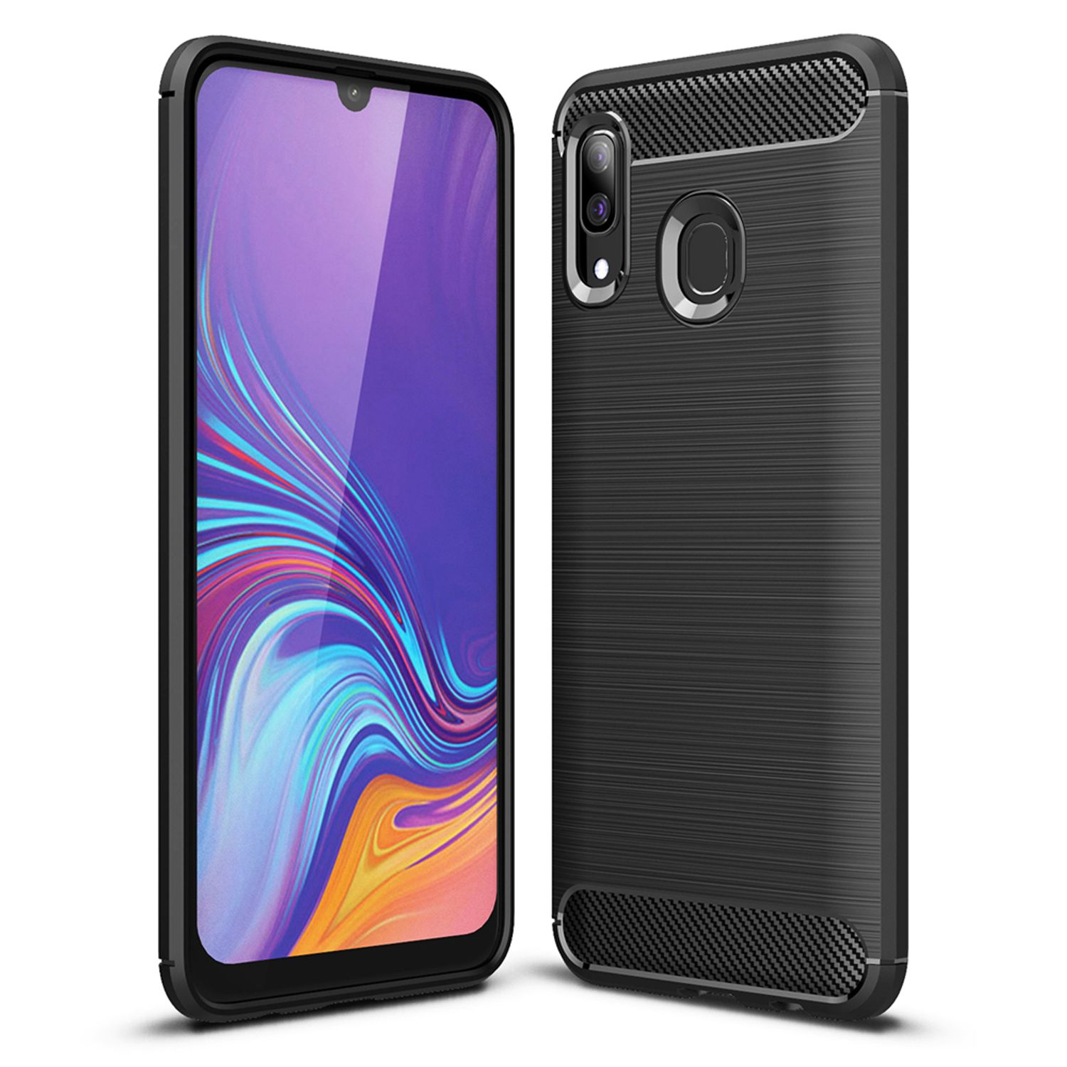 Ein schwarzes Telefon mit schwarzer Hülle. Die Hülle hat eine strukturierte Rückseite und einen Kameraausschnitt. Der Bildschirm ist an.
