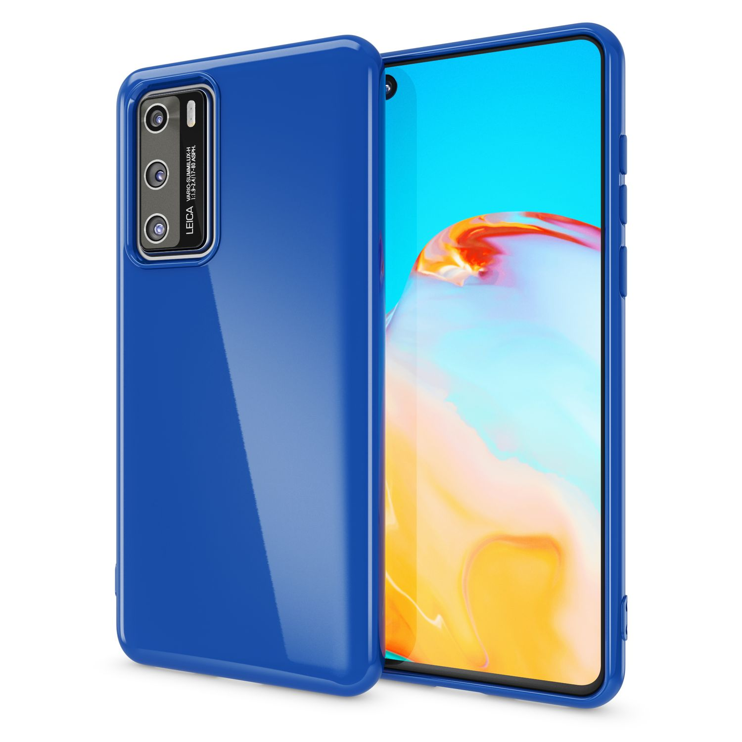 Blaue Handyhülle mit Telefon darin. Die Hülle ist glatt. Weißer Hintergrund.