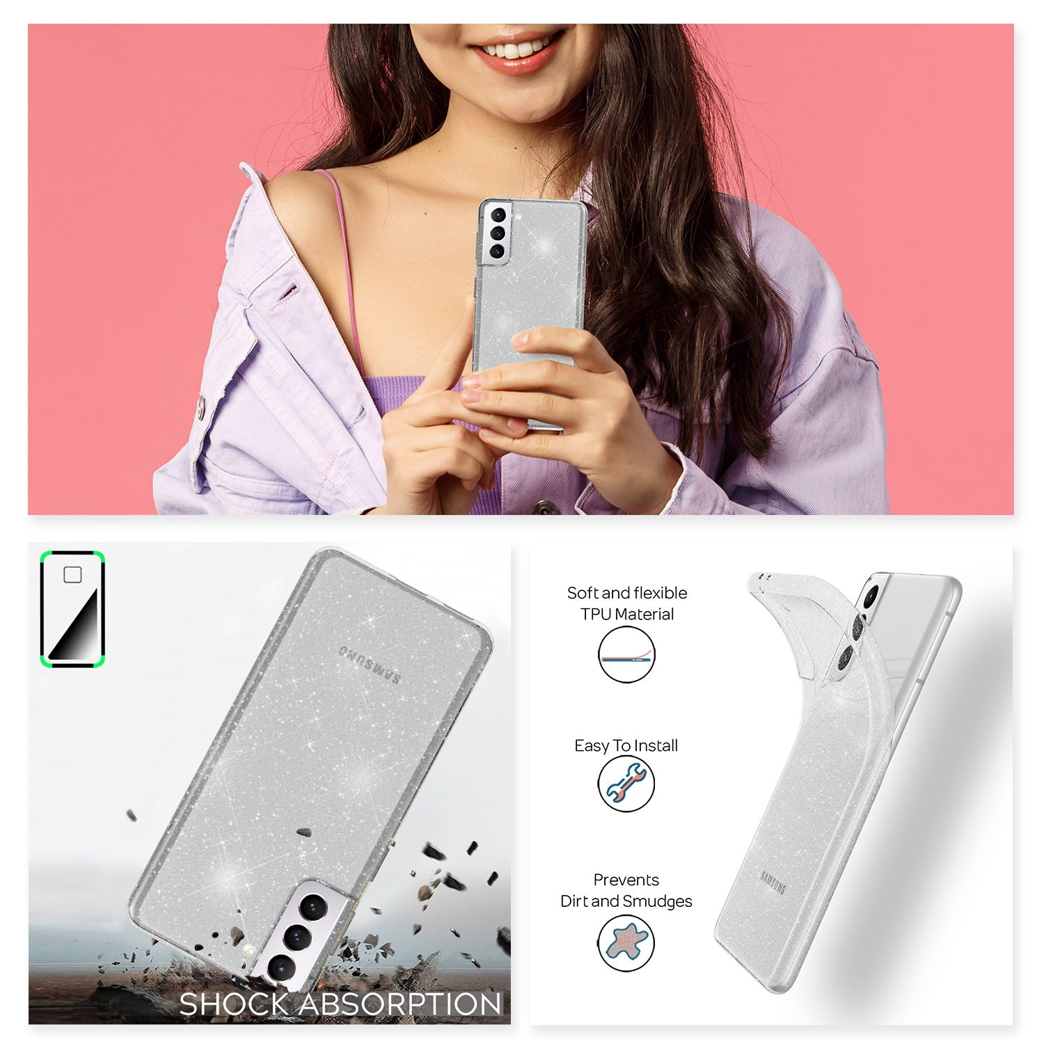 Frau hält ein Telefon mit einer glitzernden Hülle. Transparente Hülle mit Sternen. Weißer Hintergrund.