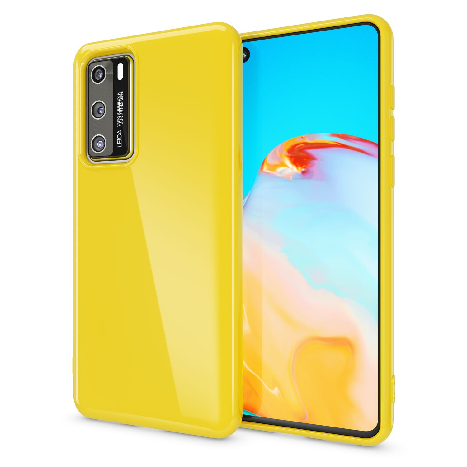 Gelbe Handyhülle mit einem Telefon. Das Telefon zeigt den Bildschirm mit der Uhrzeit.