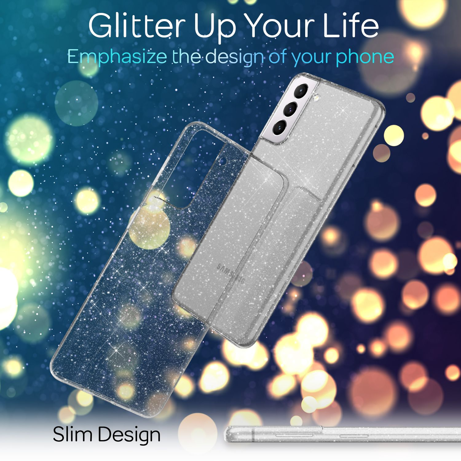 Klare Handyhüllen mit Glitzer. Eine Hülle ist auf dem Telefon, die andere daneben, das Design wird hervorgehoben.