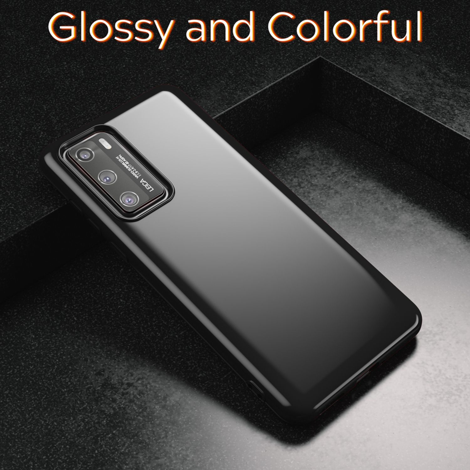 Custodia per telefono nera lucida. Testo: Lucido e colorato.