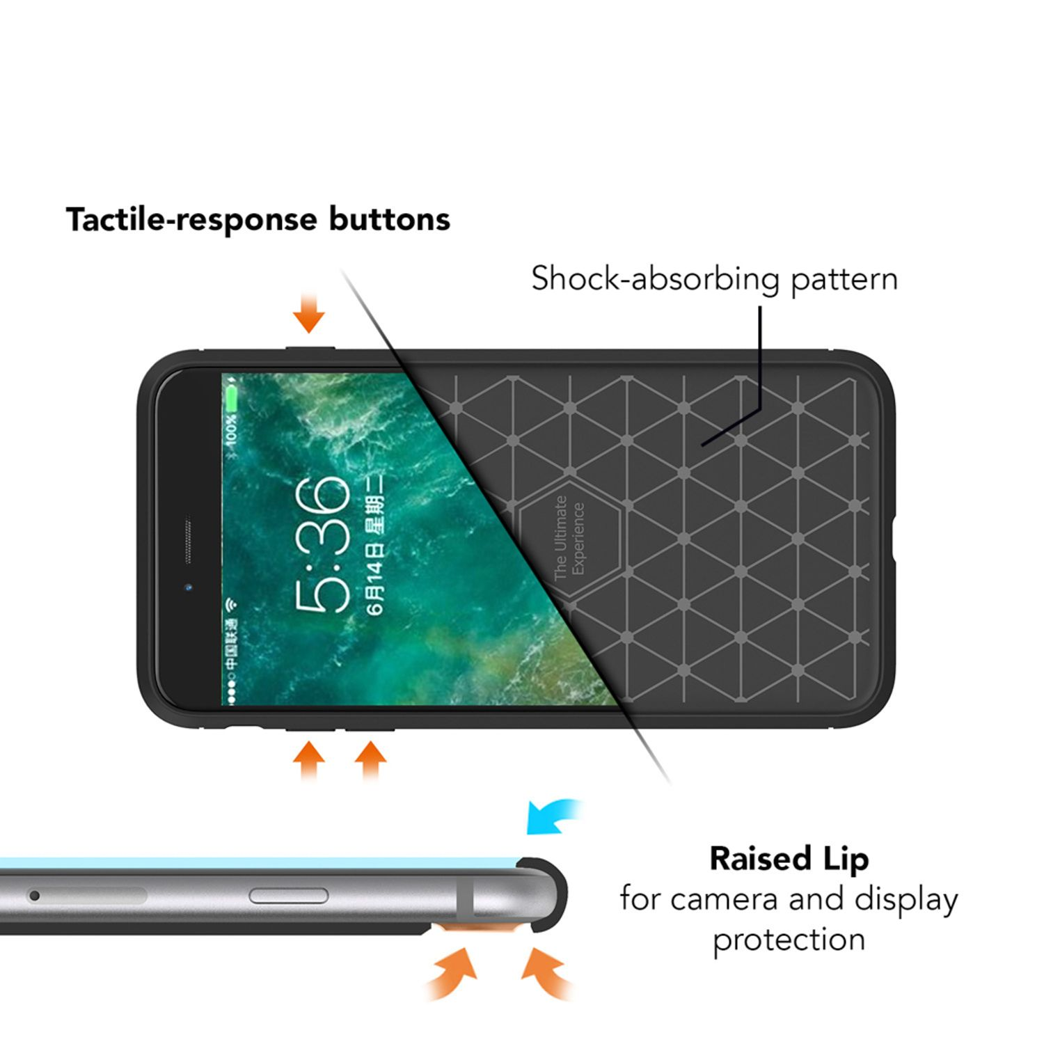 Funda negra para teléfono con patrón geométrico, que muestra botones táctiles y borde elevado.