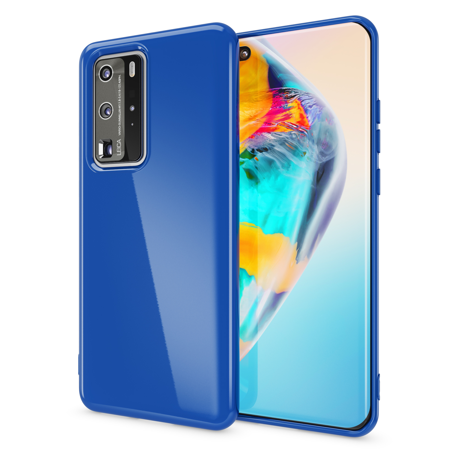 Una custodia blu per telefono accanto a un telefono che mostra uno sfondo azzurro.