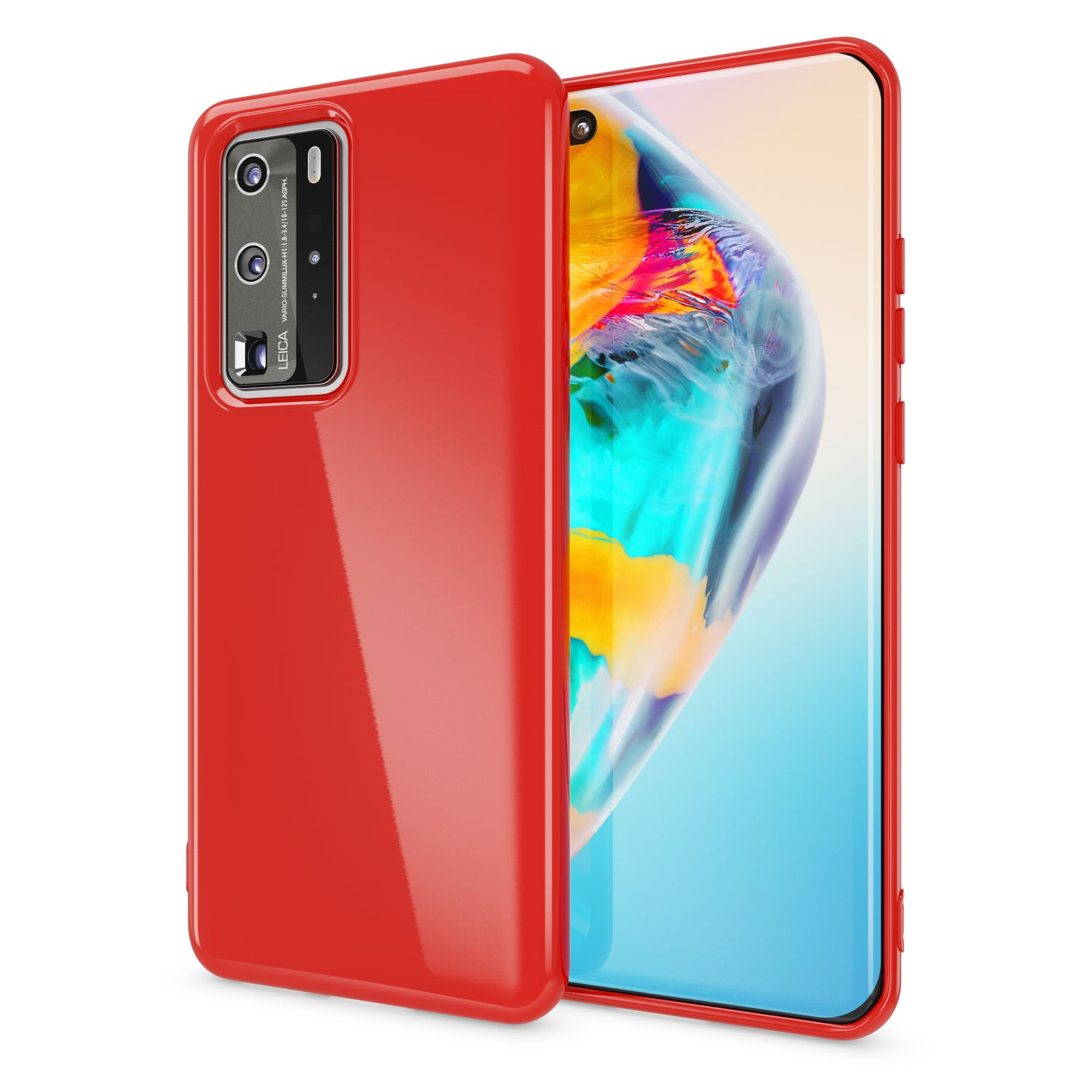 Rote Handyhülle mit Telefon auf weißem Hintergrund.
