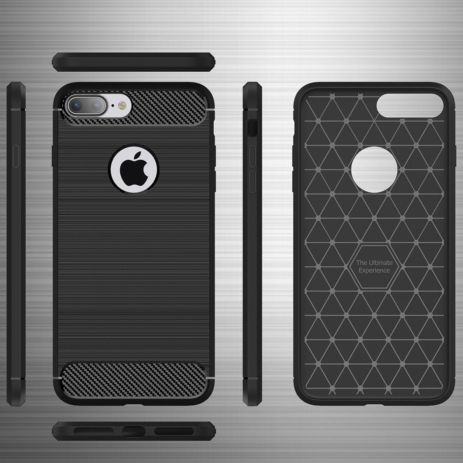 Funda negra para teléfono con logo de Apple, vista desde varios ángulos, mostrando el diseño interno y externo.