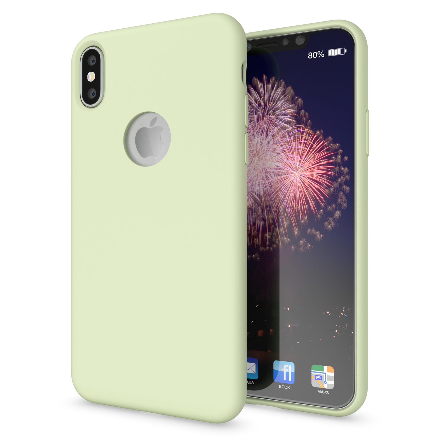 Grüne Handyhülle auf einem Telefon mit Feuerwerk auf dem Bildschirm. Das Telefon ist auf weißem Hintergrund.
