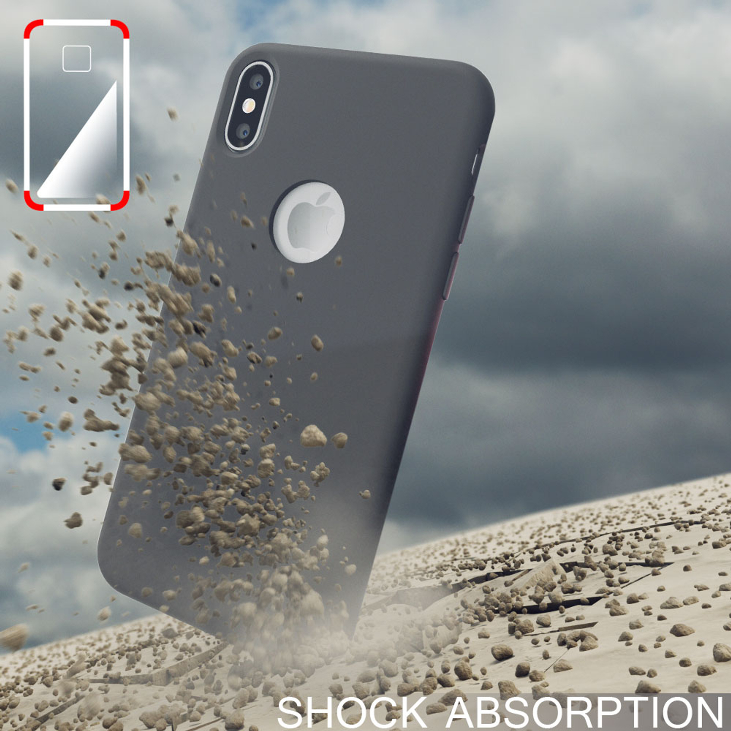 Graue Handyhülle mit Telefon, mit Hintergrund aus Wolkenhimmel und Felsen.