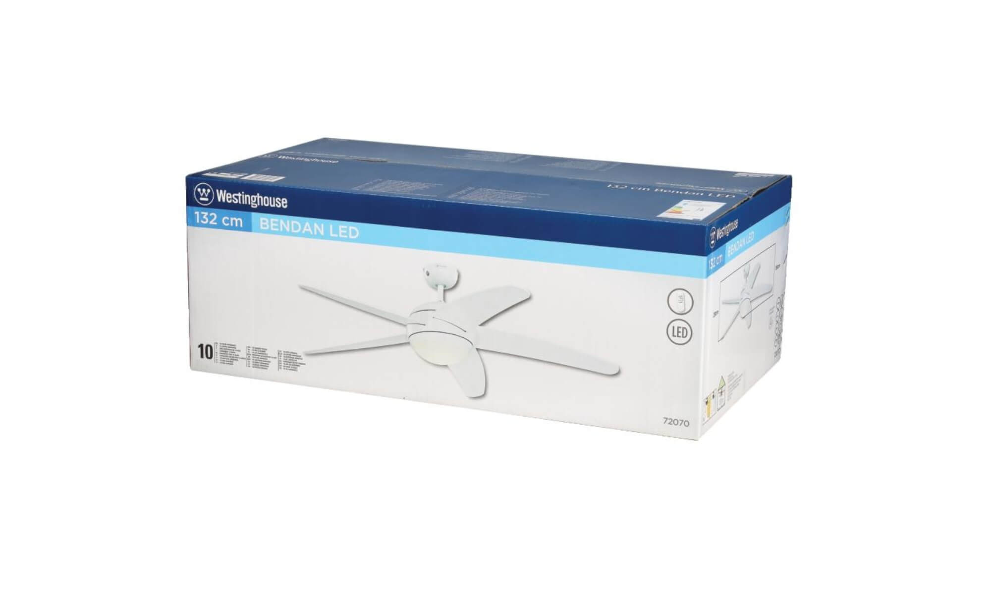 Eine Schachtel mit einem weißen Deckenventilator. Die Schachtel ist weiß und blau mit dem Markennamen Westinghouse. Der Hintergrund ist weiß.