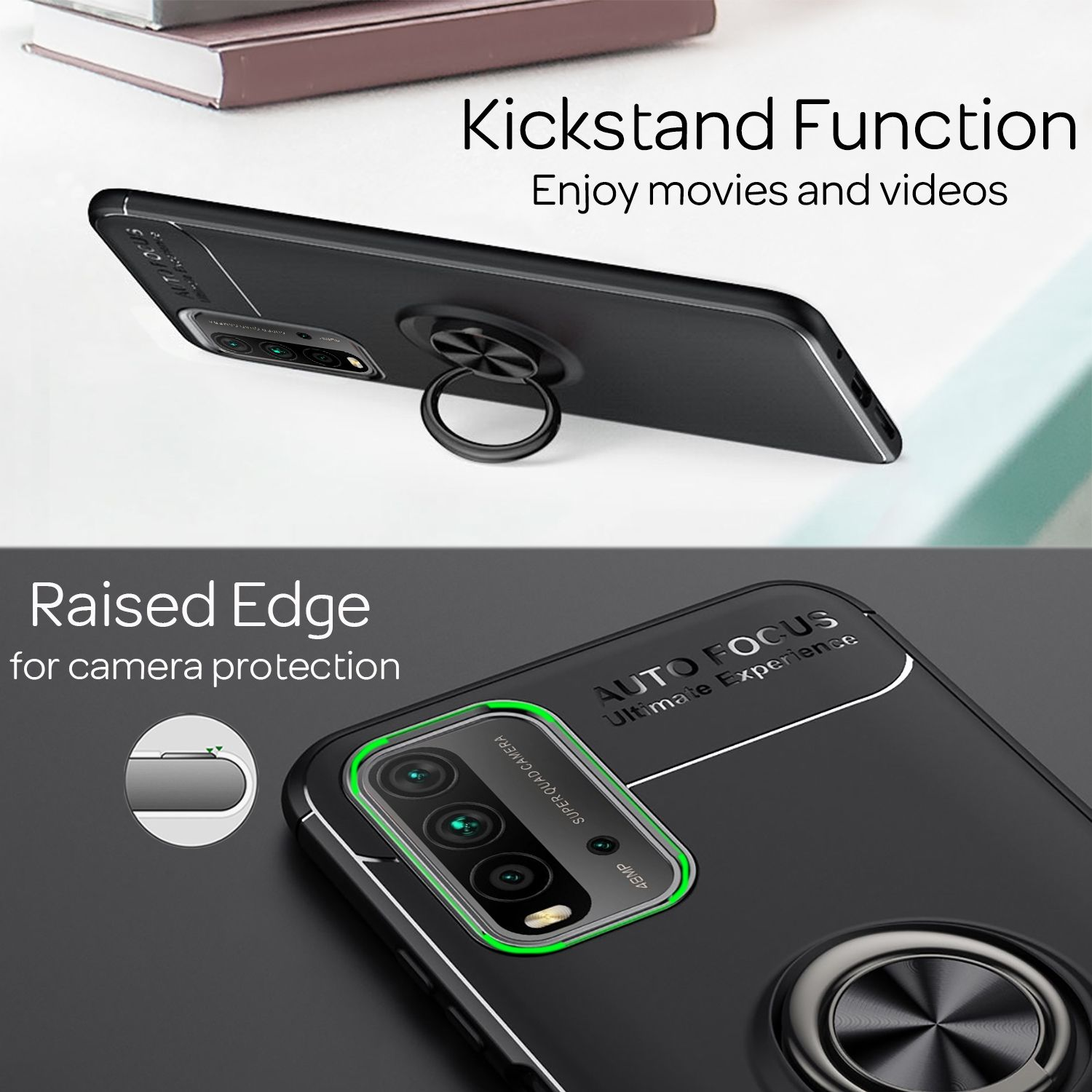 Schwarze Handyhülle mit Ringständer. Text sagt 'Raised Edge for camera protection' und 'Kickstand Function'.