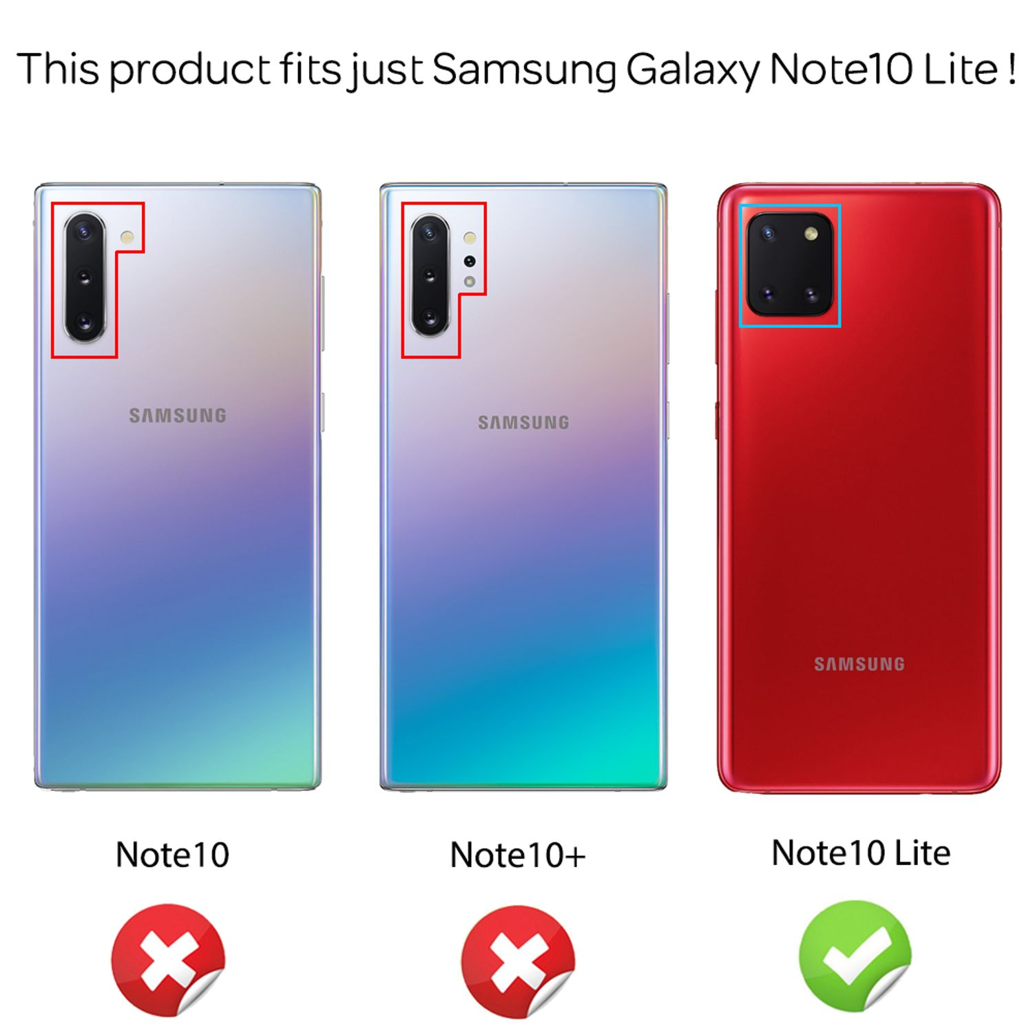 Vergleich von drei Telefonen, der die Kompatibilität mit Note10 Lite zeigt. Text: Dieses Produkt passt nur für Samsung Galaxy Note10 Lite!