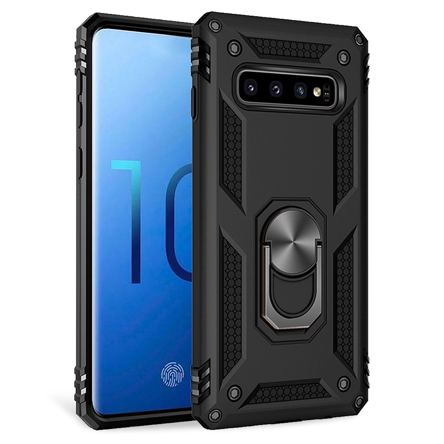 Schwarze Handyhülle mit silbernem Ringständer und einem Telefon.