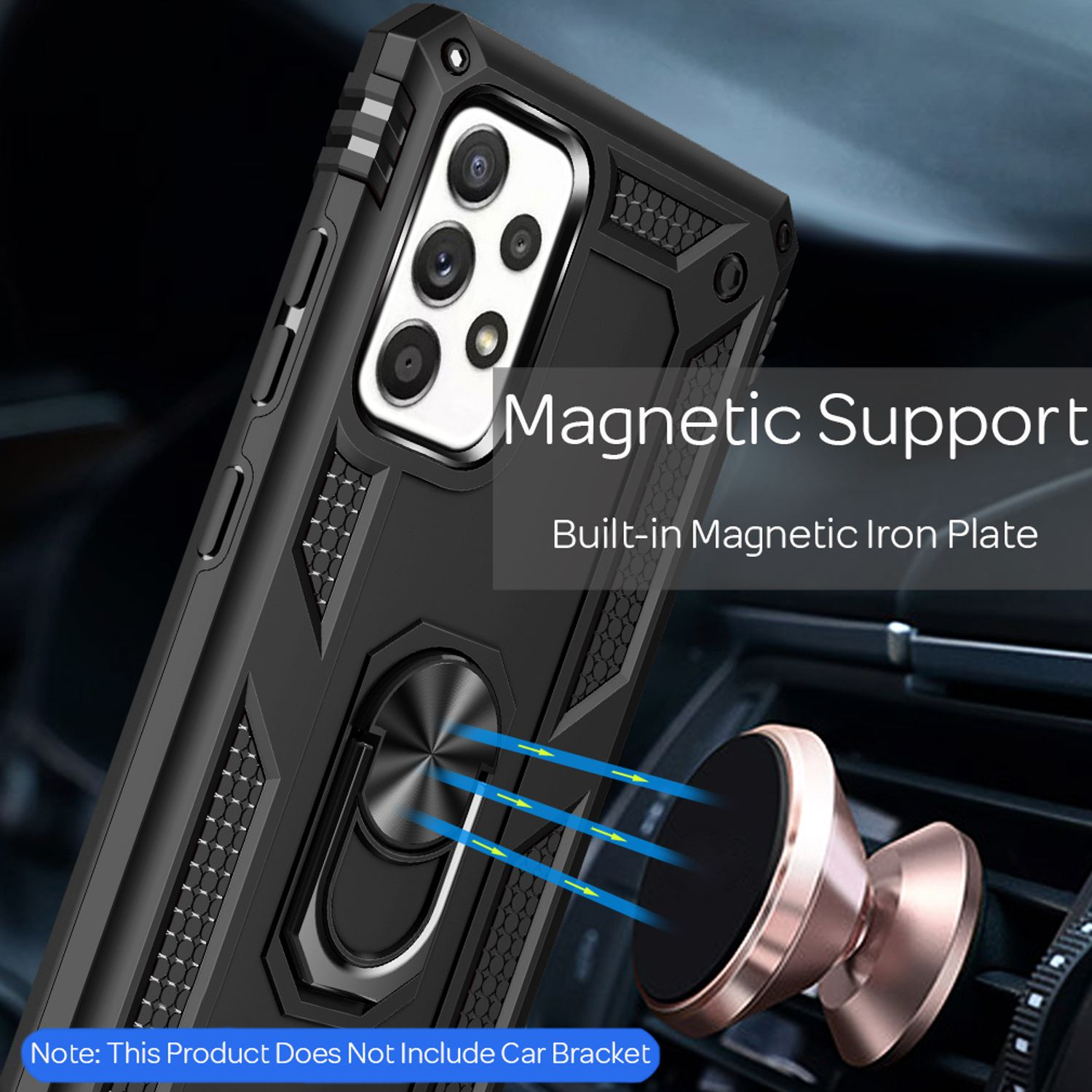 Schwarze Handyhülle mit Magnetunterstützung und Autohalterung. Blaue Linien zeigen Magnetkraft.