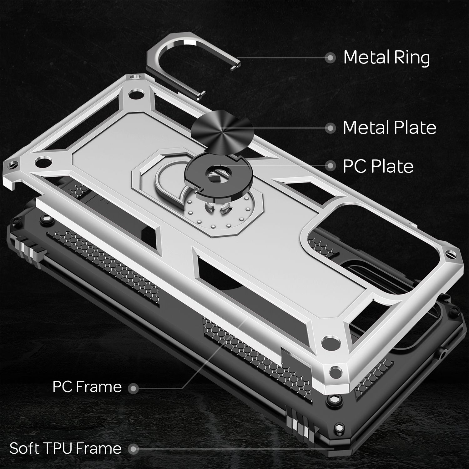 Eine Handyhülle mit Metall- und PC-Schichten. Text kennzeichnet jede Schicht: 'Metallring', 'Metallplatte', 'PC-Platte'.