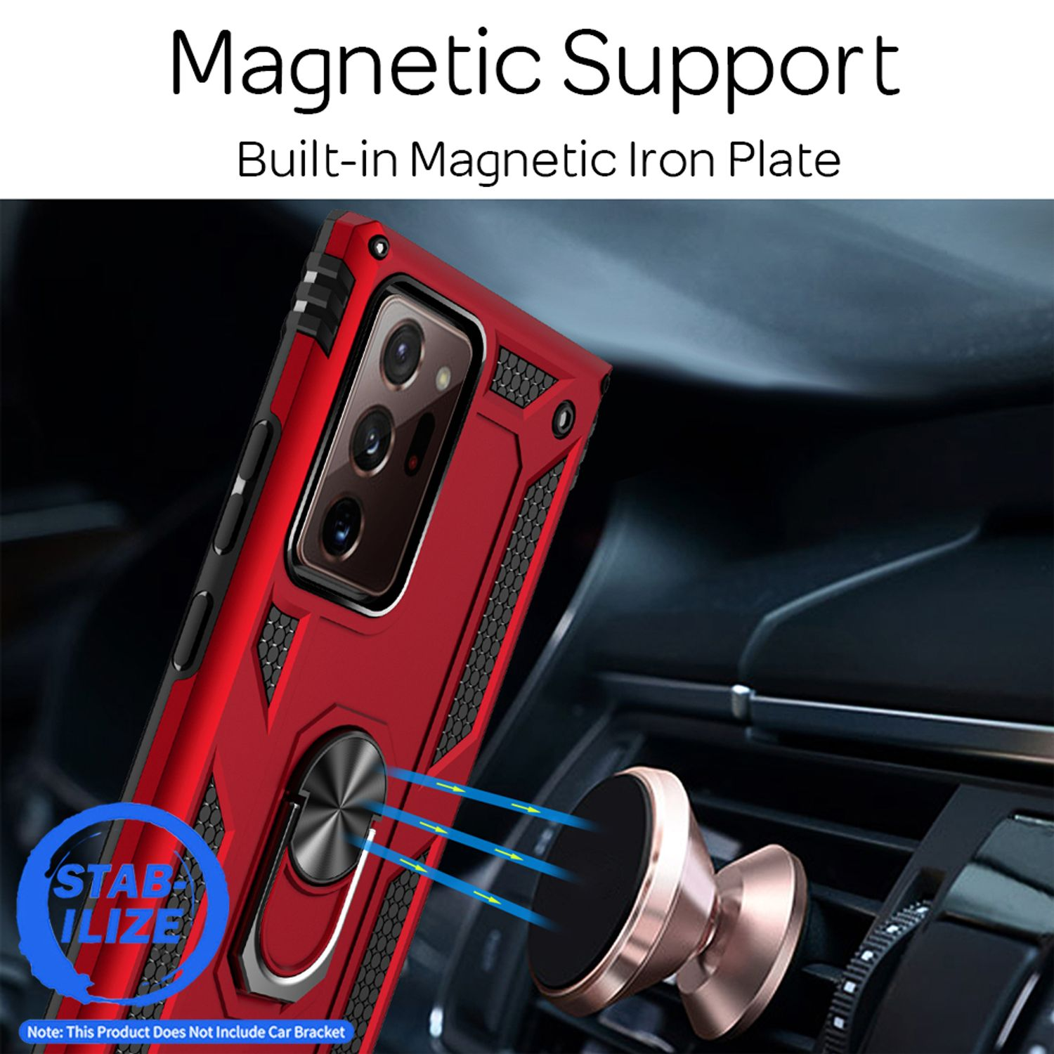 Rote Handyhülle auf einem Armaturenbrett, mit einem magnetischen Telefonhalter.