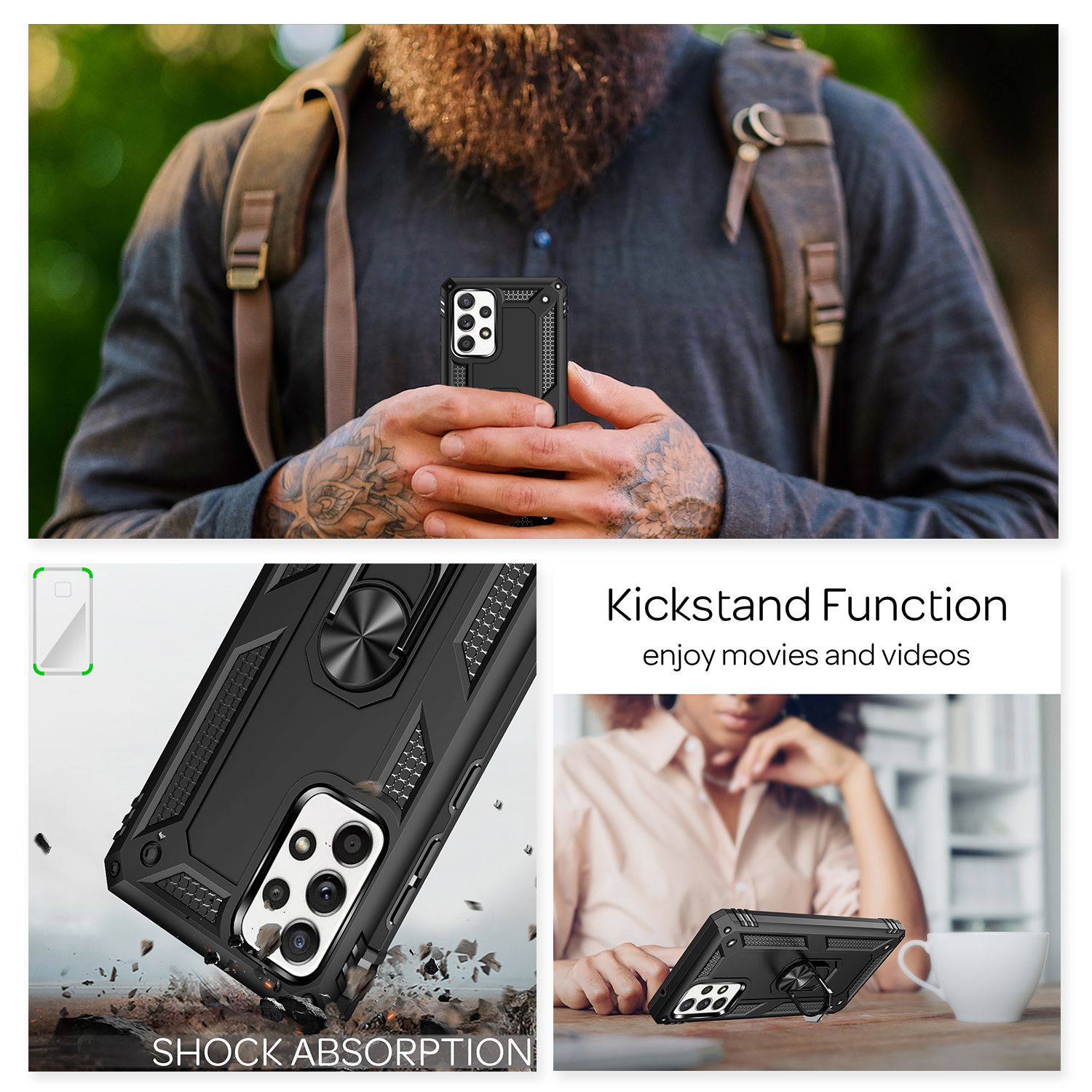 Handyhülle mit Telefon, Stoßdämpfung und Ständerfunktion. Text: Shock Absorption.