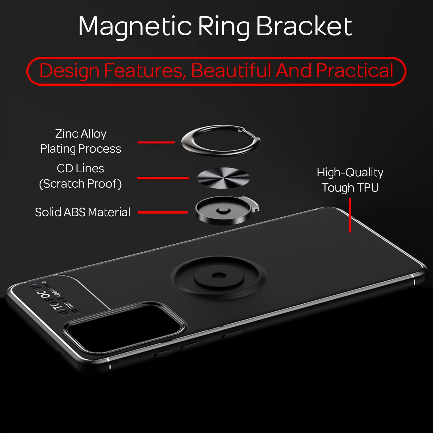 Schwarze Handyhülle mit Ringständer. Merkmale sind Zinklegierung, CD-Linien und ABS-Material.