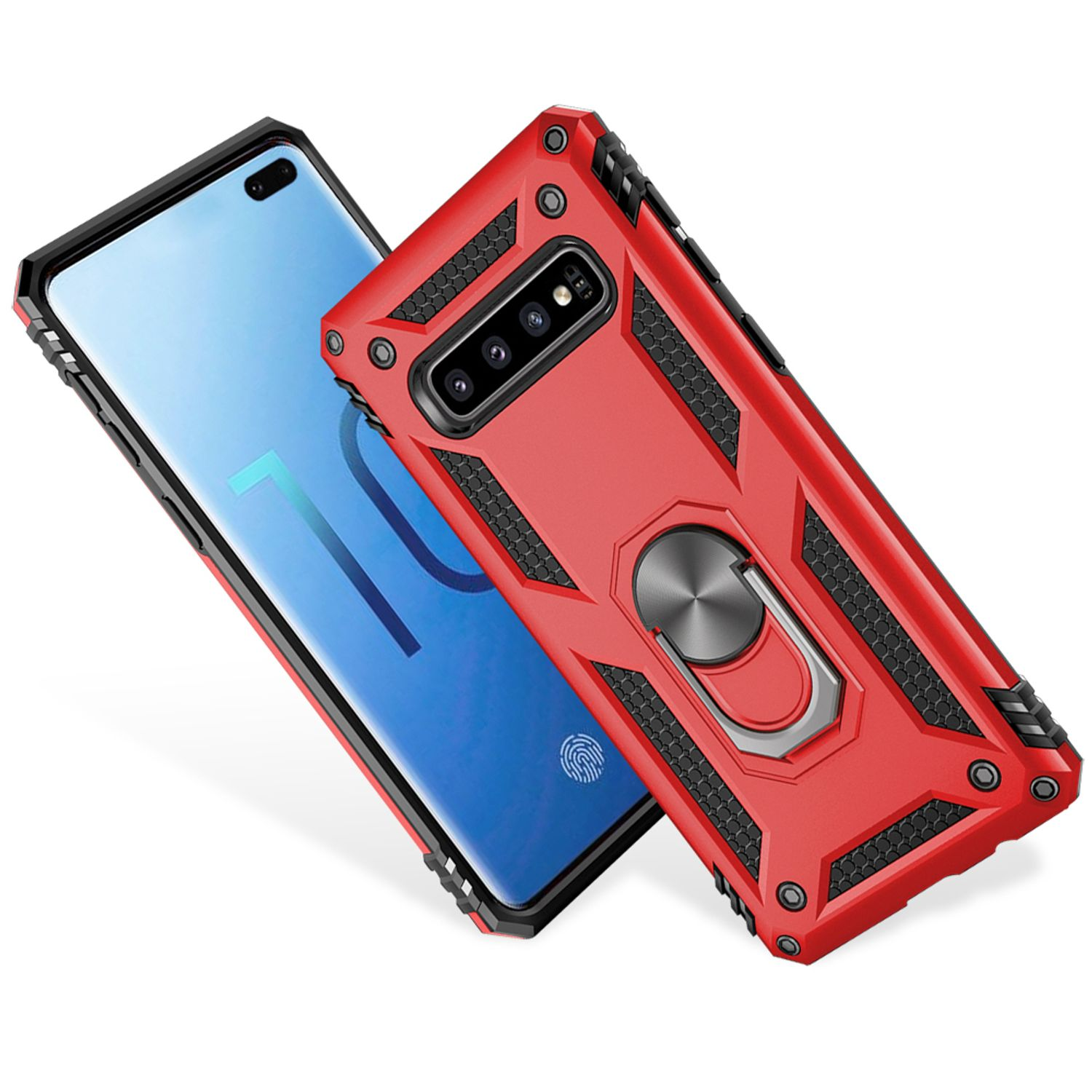Rote Handyhülle mit Ring, auf einem Telefon, mit weißem Hintergrund.