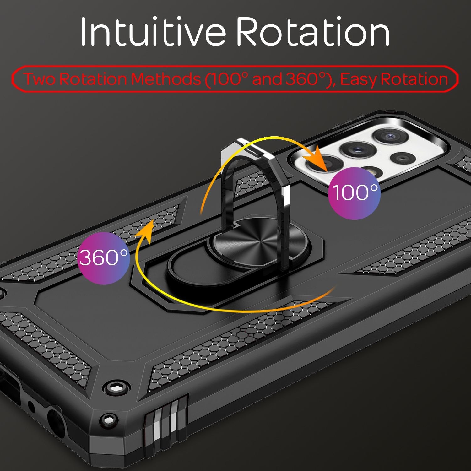 Schwarze Handyhülle mit Ringhalter, Telefon ist schwarz. Text: Intuitive Rotation.