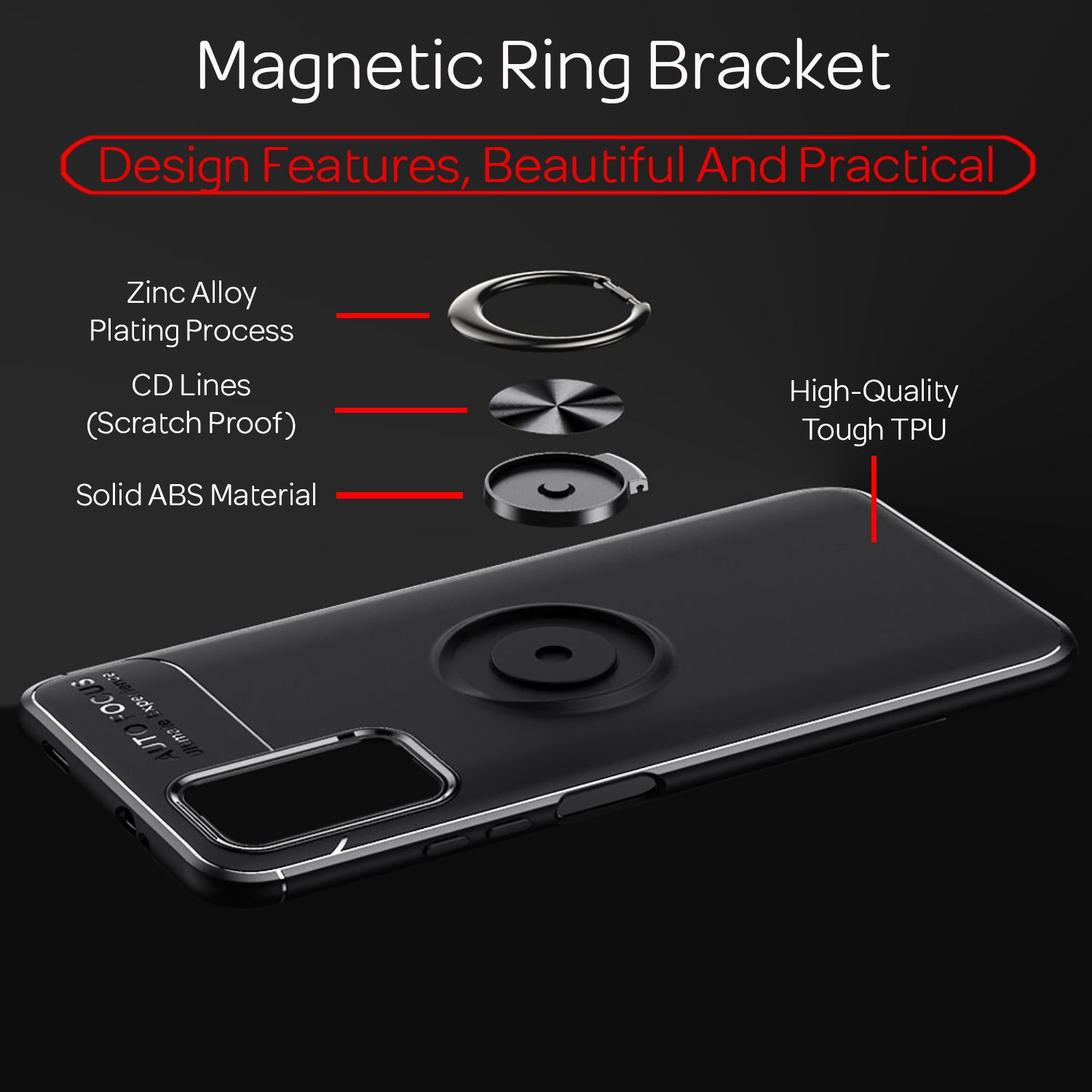 Eine Handyhülle mit einem magnetischen Ringhalter auf einem schwarzen Telefon. Die Hülle hat eine kreisförmige Halterung.
